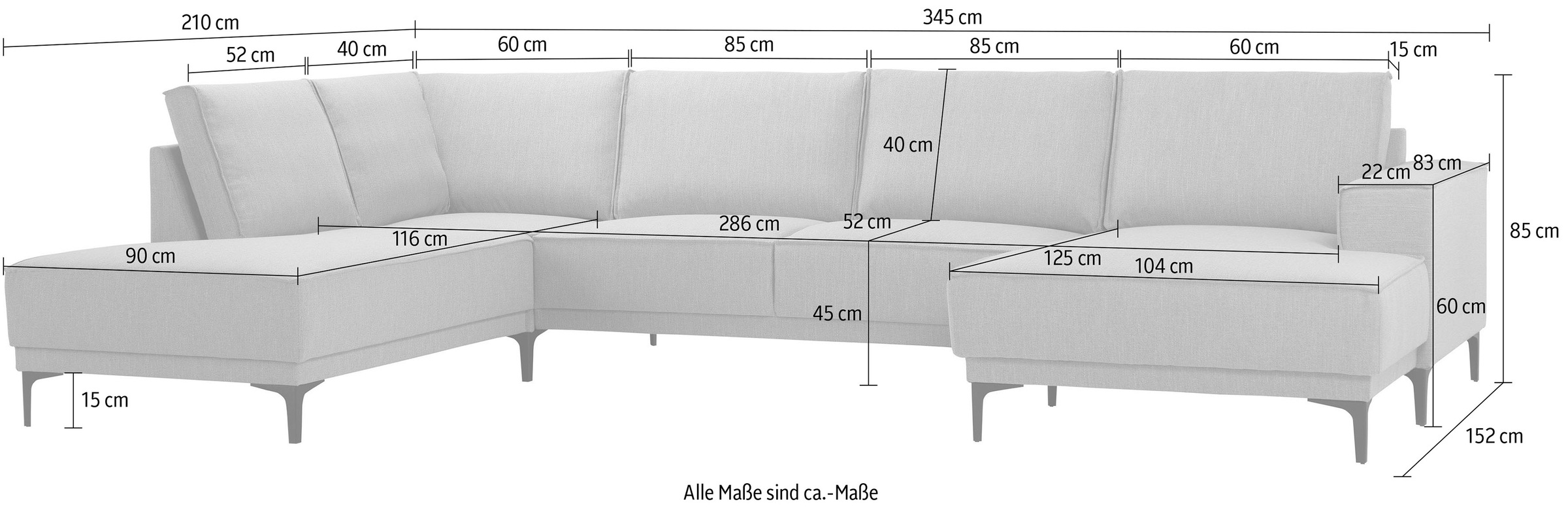 Places of Style Wohnlandschaft »XXL Sofa Oland, Struktur, Flachgewebe, Luxus-Microfaser, Boucle«, U-Form, 345 cm, Wellenunterfederung, Skandi-Design, Metallfüsse
