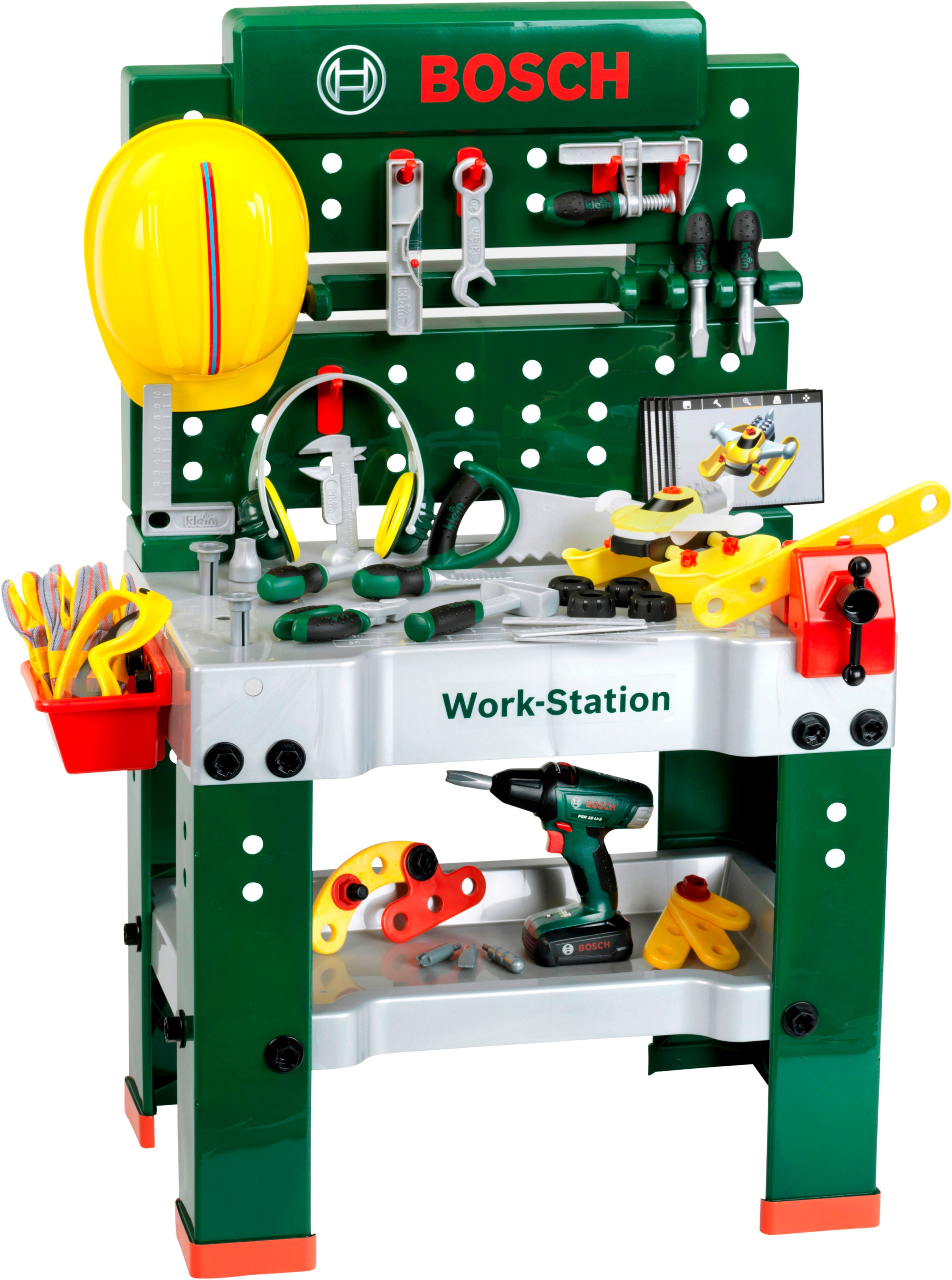 Image of Klein Spielwerkbank "BOSCH-Workstation Mega, mit Handwerker Set" mit BOSCH Akkuschrauber; Made in Germany