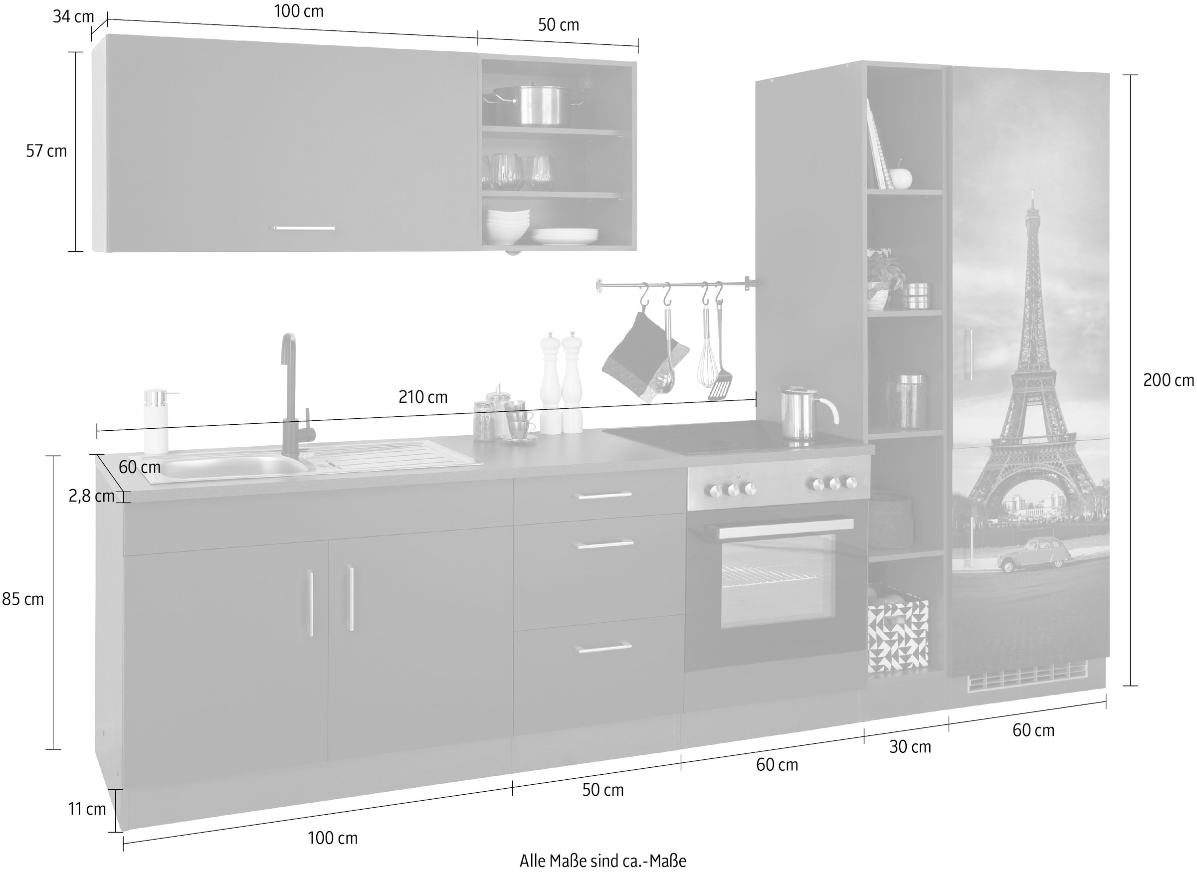 KOCHSTATION Kitchenette »KS-Paris â€“ Küchen mit einzigartigen Fotomotiven auf den Fronten« largeur 300 cm, au choix avec appareils électriques, avec impression décorative
