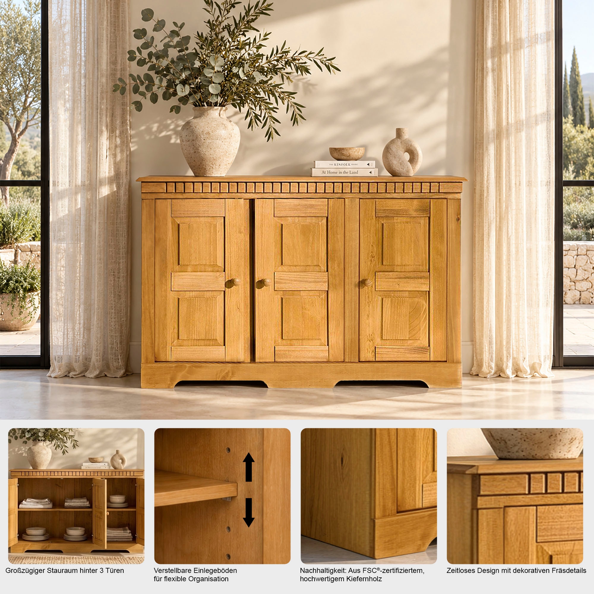 GOODproduct Buffet »Lisa Kommode mit dekorativen Fräsungen und verstellbaren Einlegeböden« commode en pin massif, largeur 158,5 cm