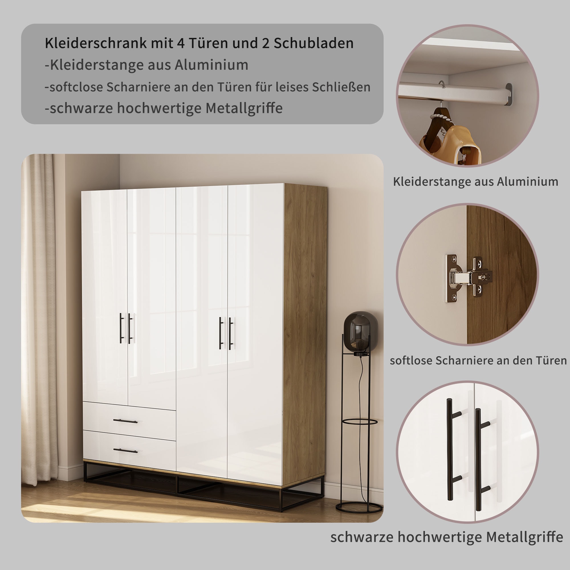 GOODproduct Kleiderschrank »Lucca Schlafzimmerschrank Garderobe Hochglanz Bestseller« Schwarze Griffe und Kufengestell aus Metall,  Schlafzimmerschrank mit 4 Türen und 2 Schubladen, Breite 160cm