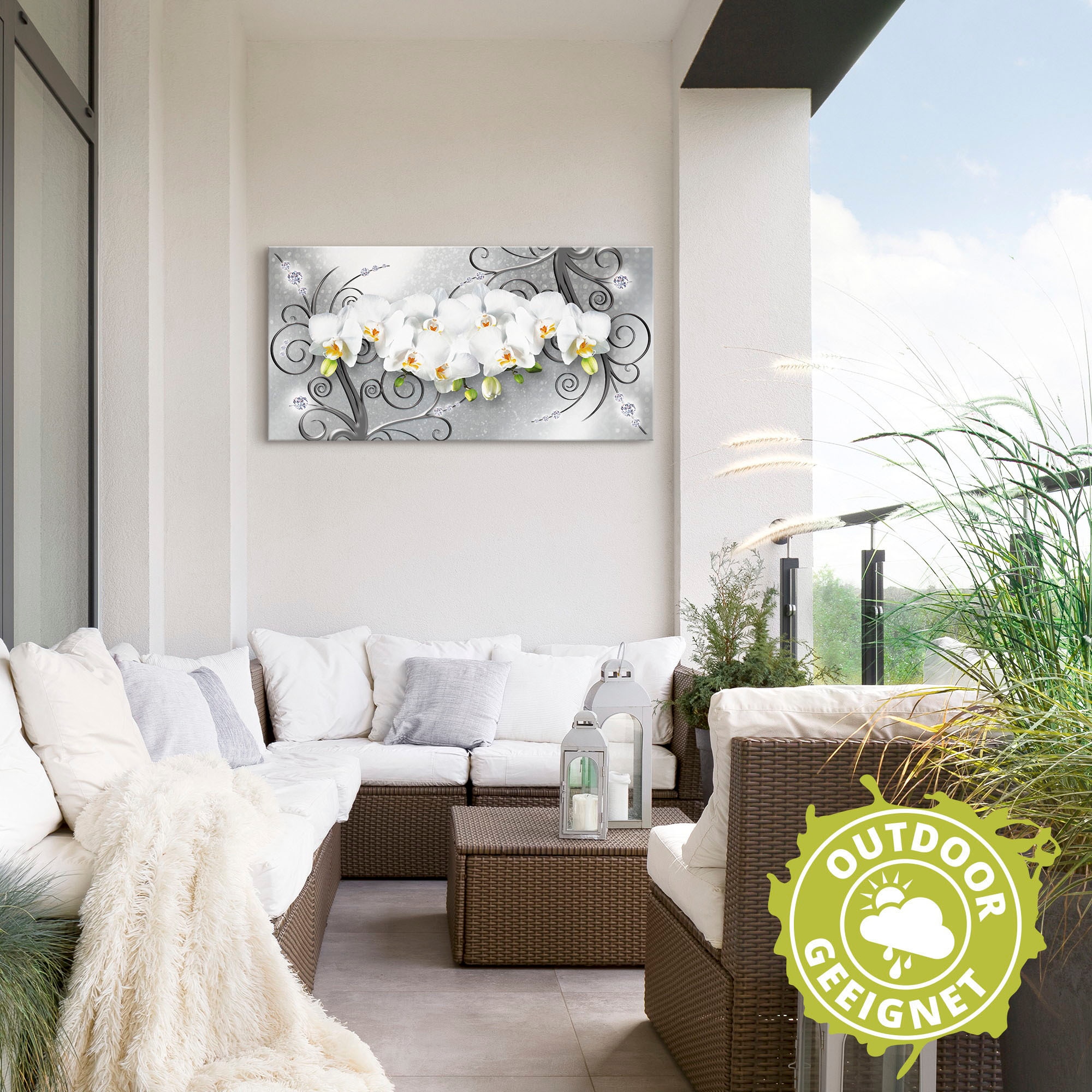 Artland Wandbild »weisse Orchideen auf Ornamenten«, Blumenbilder, (1 St.), als Alubild, Outdoorbild, Leinwandbild, Poster, Wandaufkleber