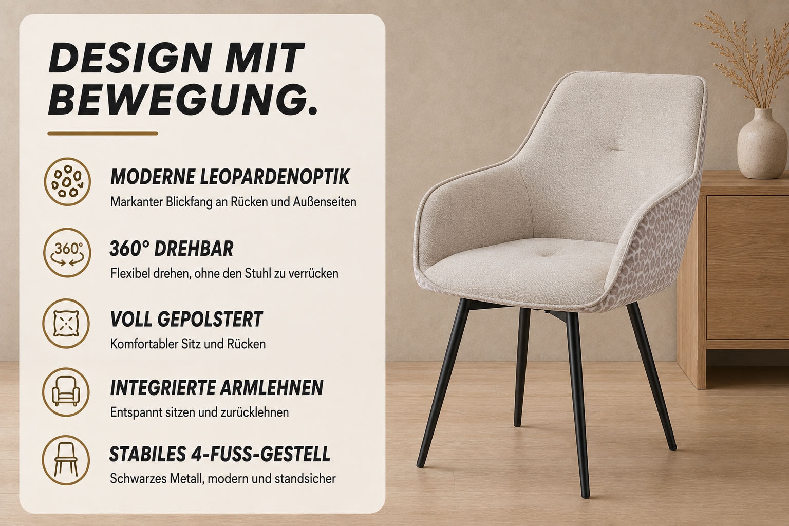 GOODproduct Chaise de salle à manger »Lincoln, 2er-Set, 360° Drehfunktion« (Ensemble) 2 cuismoderner Stuhl mit Leopardenlook, Webstoff und 360°-Drehfunktion