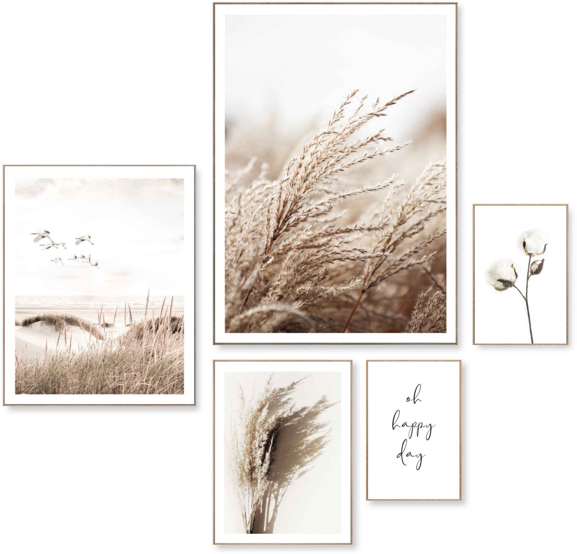 Image of Reinders Wandbild "Schönen Tag Happy day - Kraniche - Strand - Trockenblume" 5 Stk. tlg.