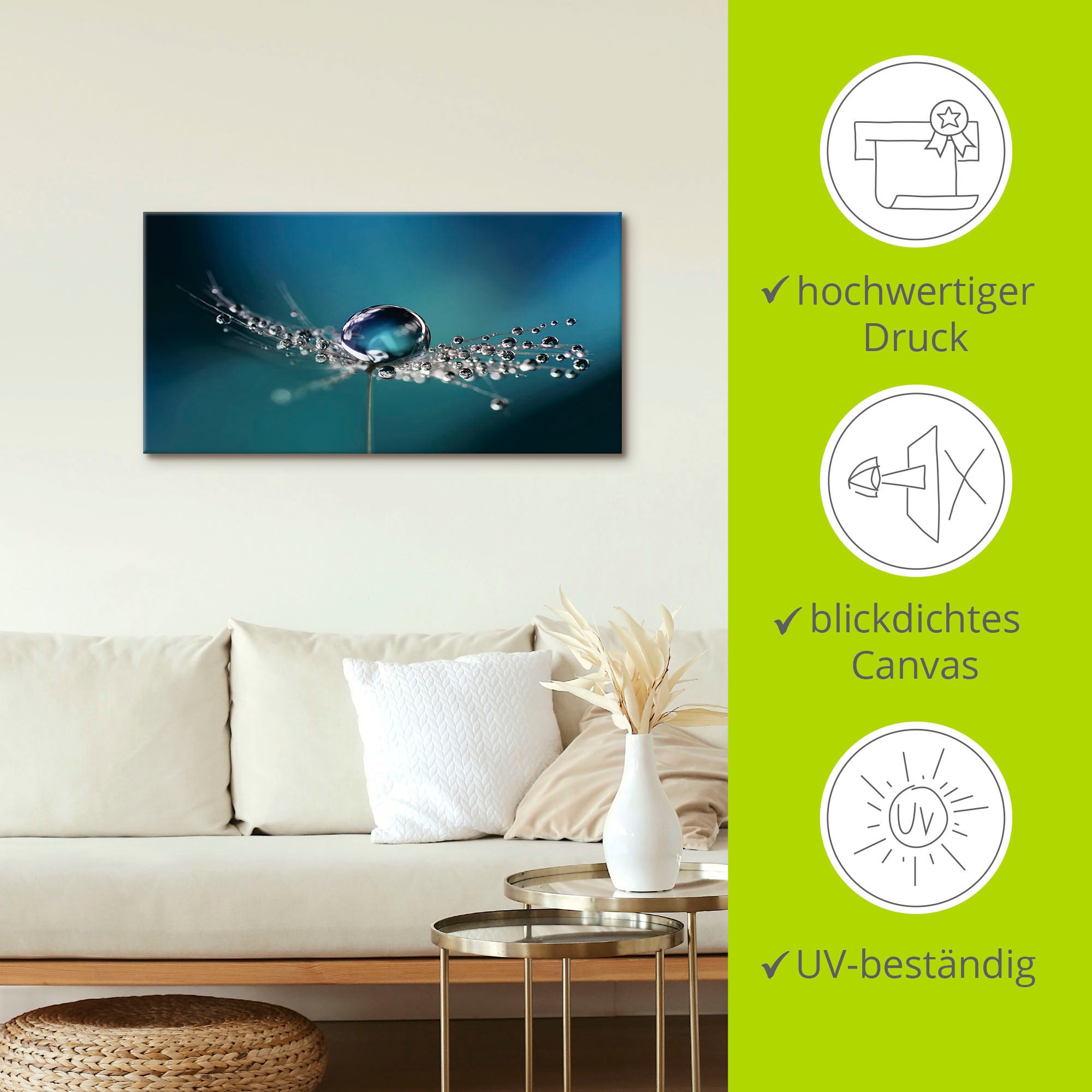 Artland Tableau sur toile »Pusteblume Tautropfen blau« 1 cuis tlg. auf Holzrahmen gespannt