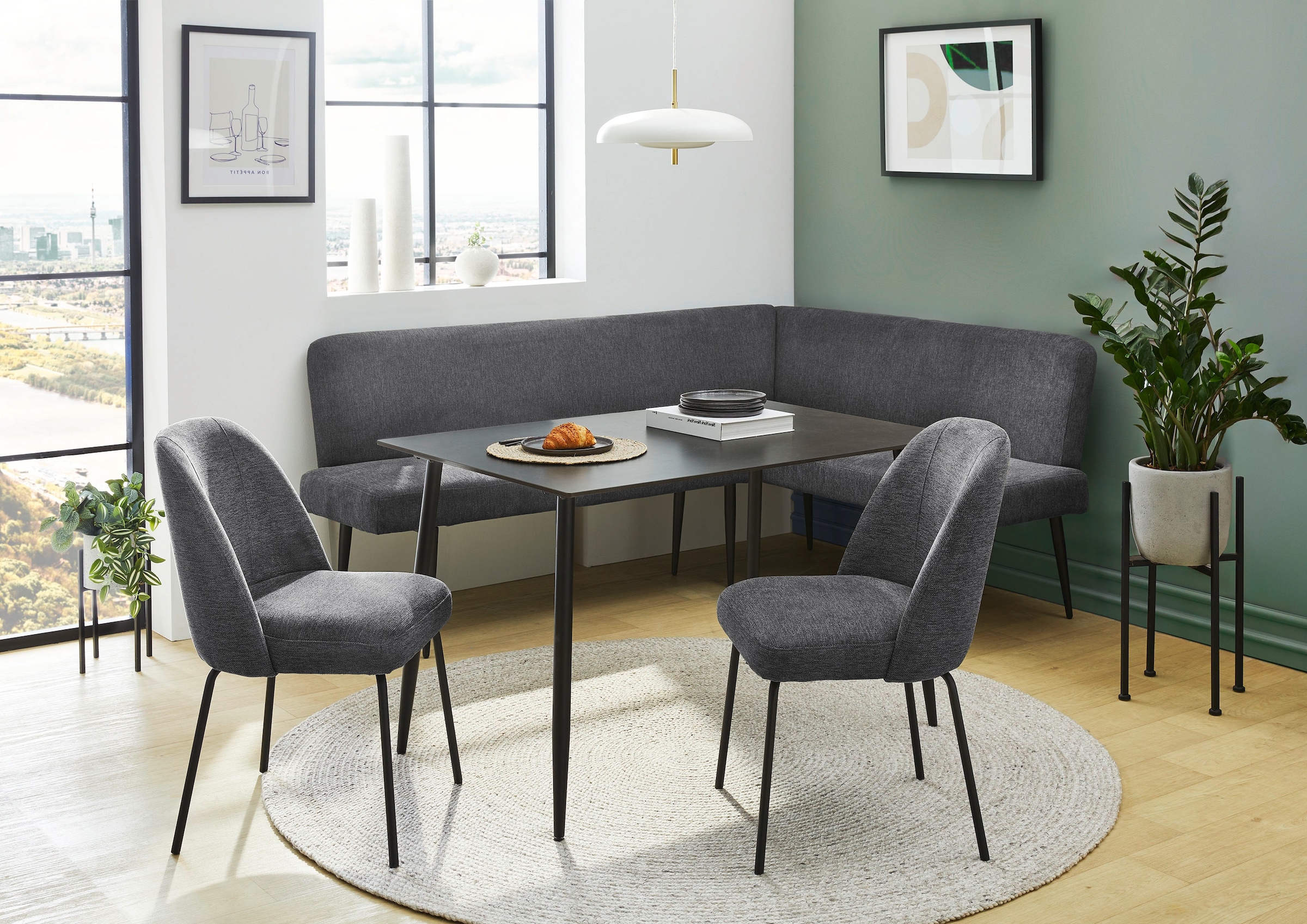 Image of Jockenhöfer Gruppe Eckbankgruppe "Melvin (Set, 4-tlg. Tisch, Bank und 2 Stühle), Taschenfederkern" Set, 4 tlg. Tisch (120x75cm) schwarz, Bank und Stühle anthrazit oder beige