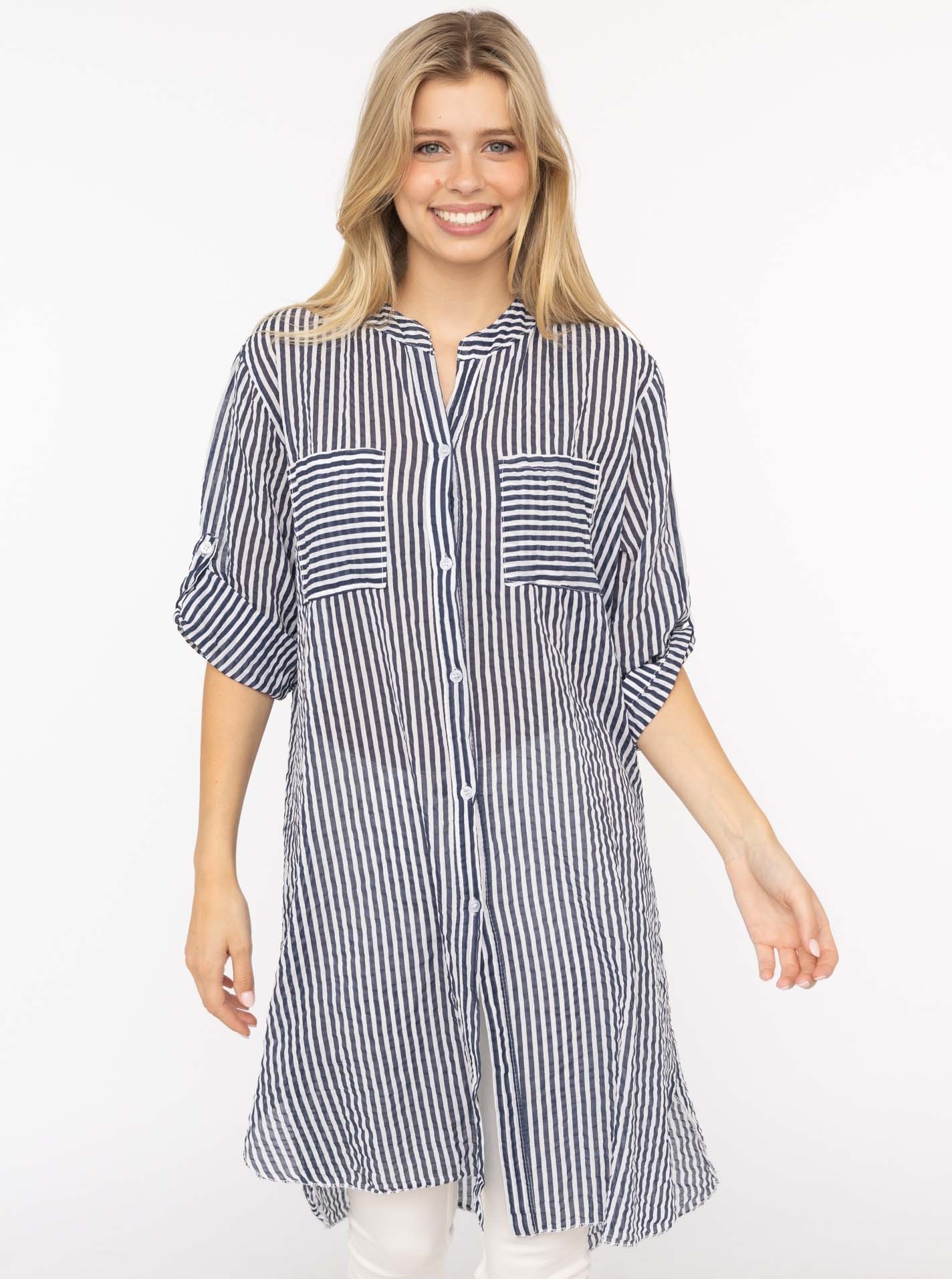 Image of Zwillingsherz Longbluse ""Kida"" One Size, Streifen, Knopfleiste, Brusttaschen, 3/4-Arm