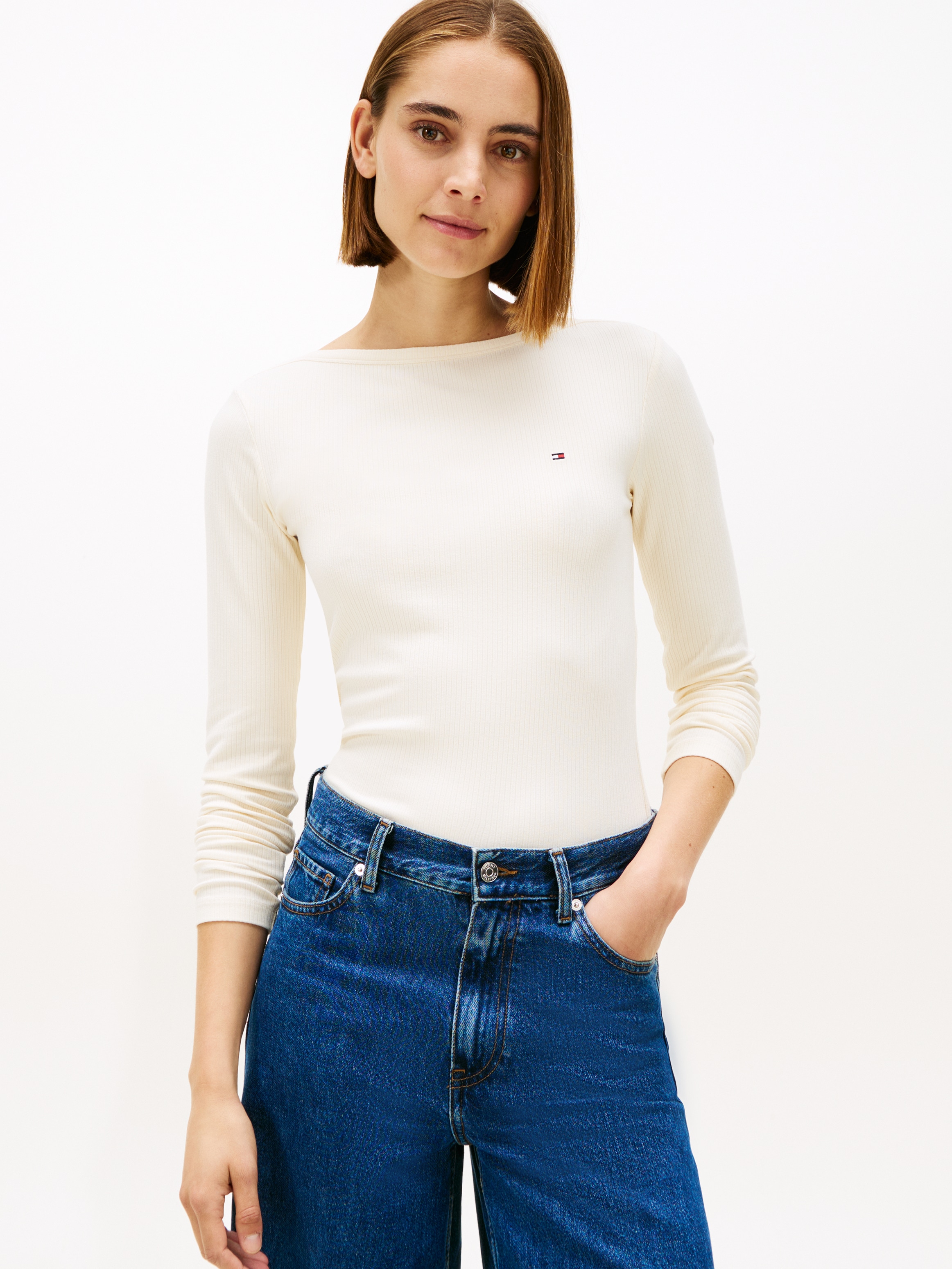 Tommy Hilfiger Langarmshirt »SLIM 5X2 RIB BOAT-NK LS mit U-Boot Ausschnitt und Rippstruktur« unifarben, casual, slim fit, Viskosemix, U-Boot-Ausschnitt