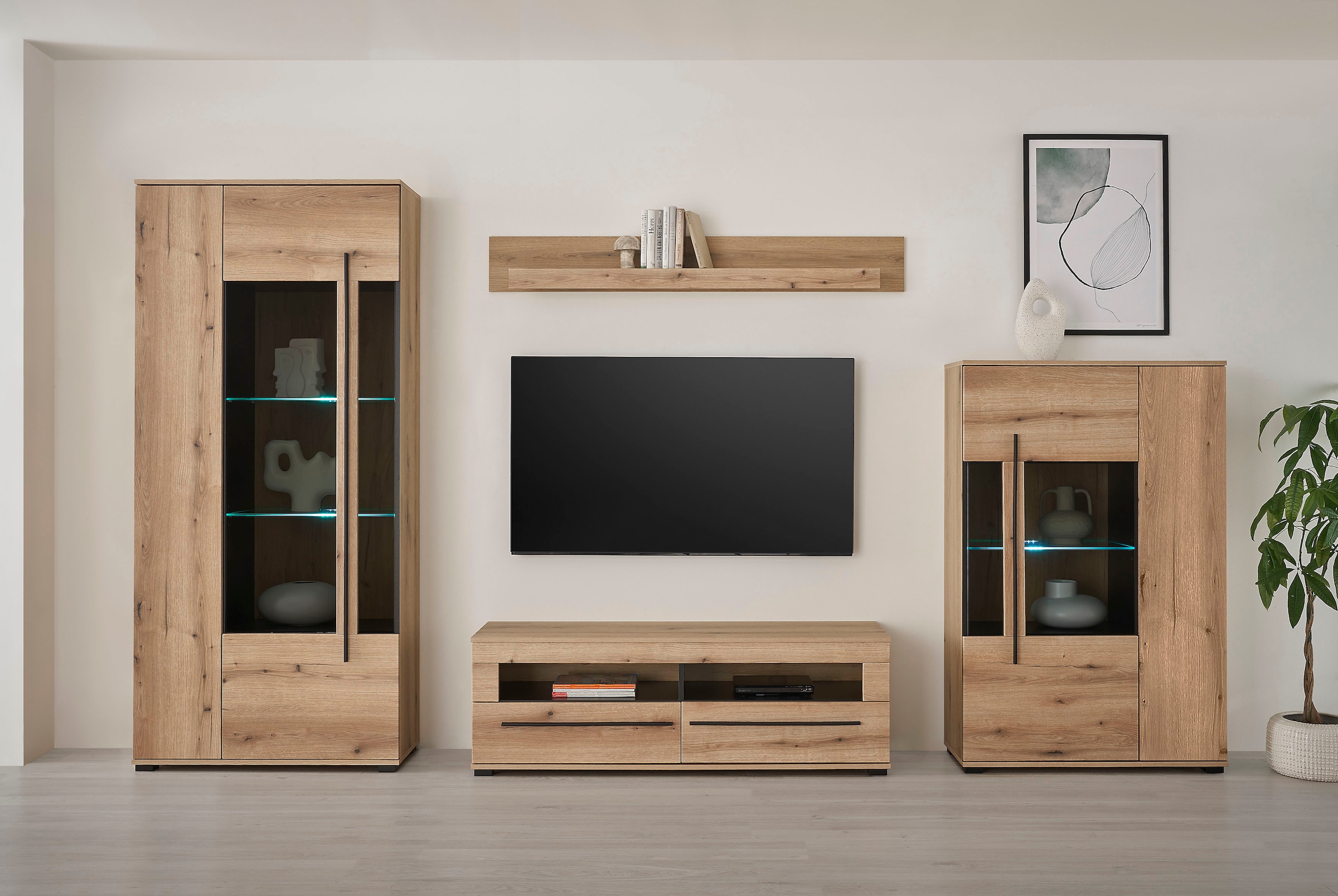INOSIGN Wohnwand »Cantara, moderne Anbauwand, Wohnzimmer-Set, in Eiche Evoke oder Weiss«, (Set), enthält zwei Vitrinen, ein Lowboard und ein Wandboard