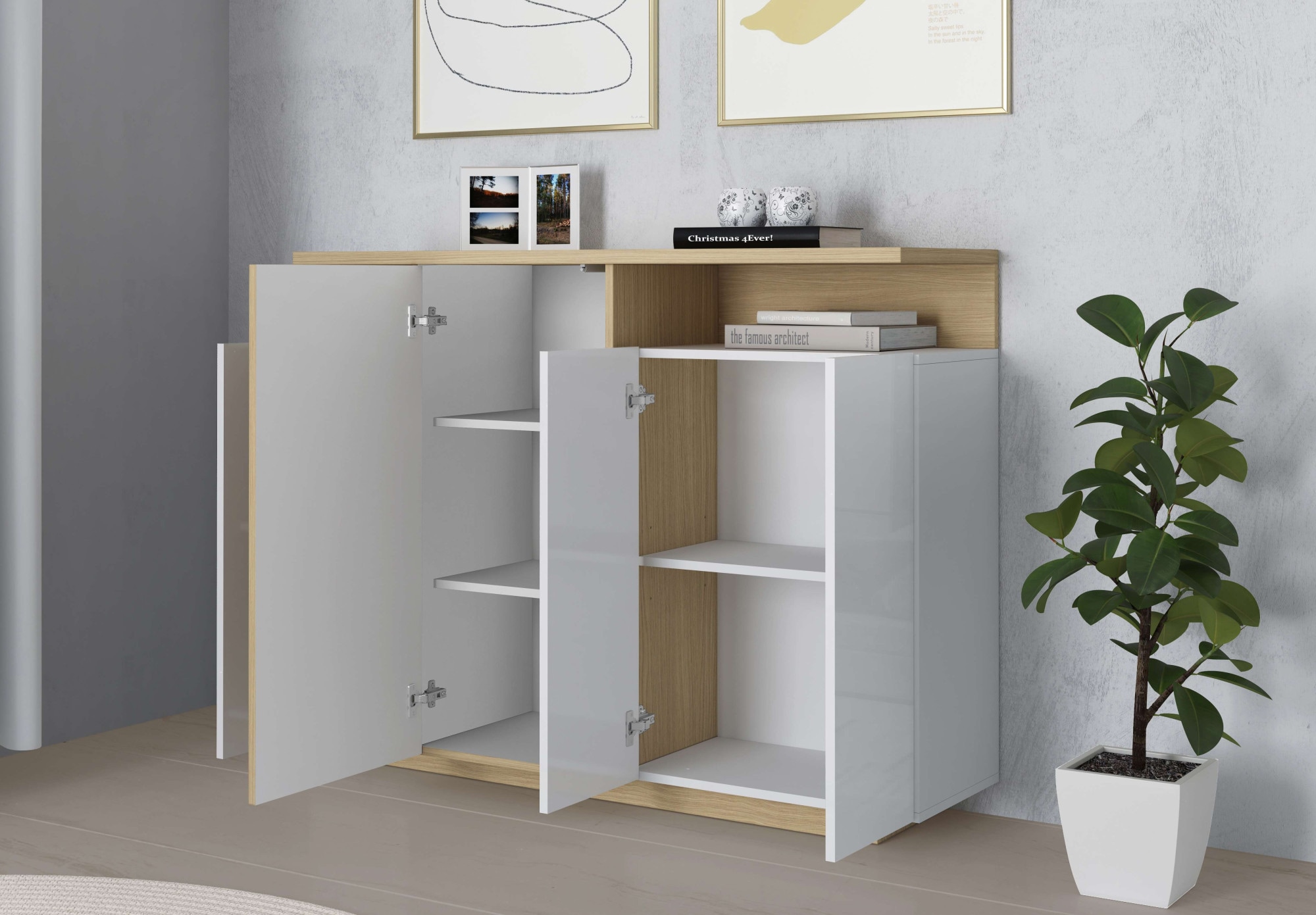 GOODproduct »Highboard ETHOS, Kommode, Schrank, Kredenz« 1 cuis tlg. Avec 4 portes pivotantes, 9 compartiments intérieurs et 2 compartiments extérieurs, L.130 cm