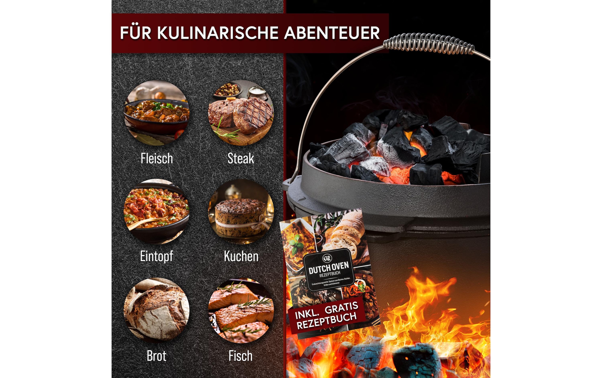   Marmite à barbecue »Gusskoenig Dutch Oven Set 9 l mit Heber, Bürste, Untersetzer« Set mit 2in1 Deckelheber, Reinigungsbürste und Untersetzer