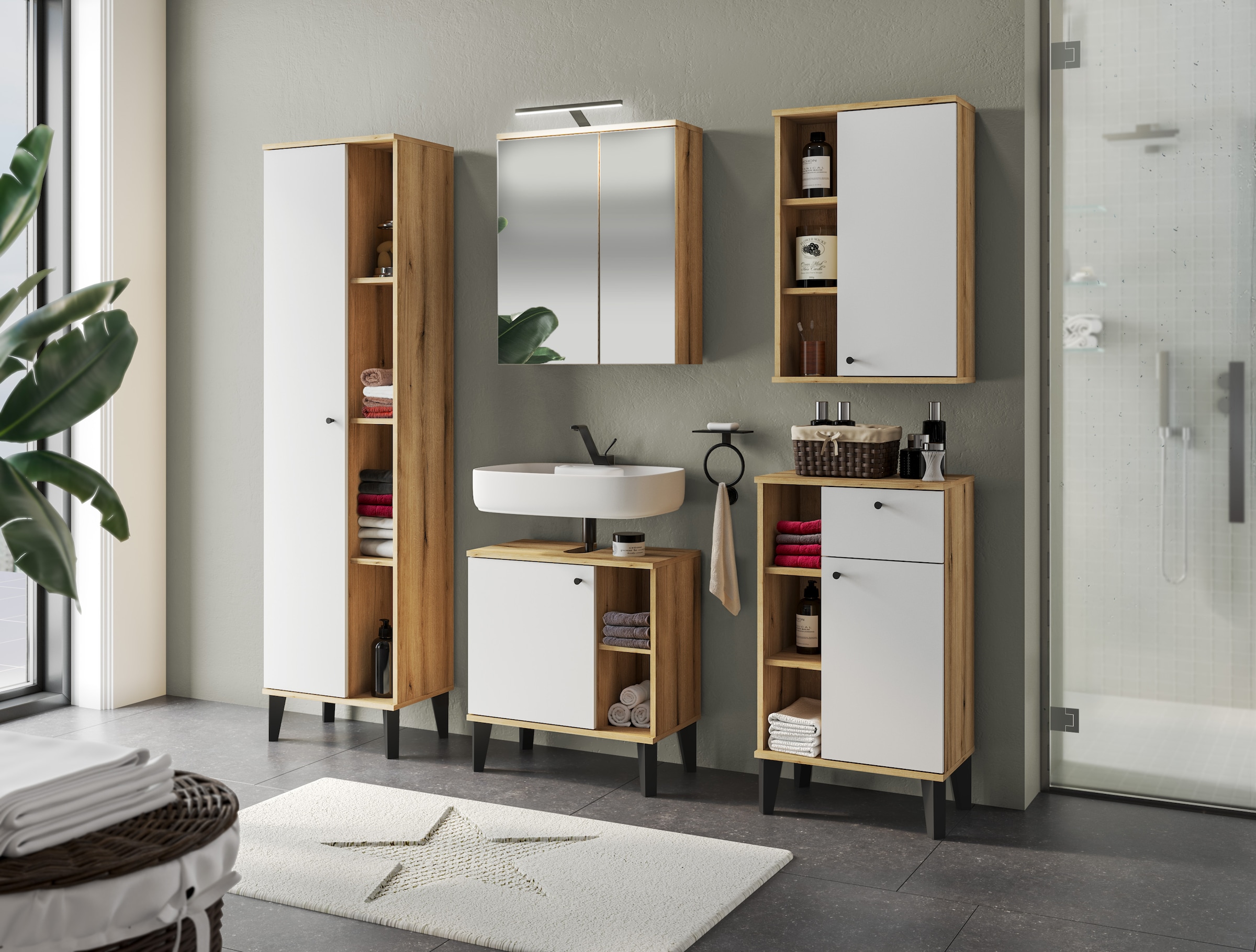 INOSIGN Armoire de rangement »Oslo, Badschrank mit Knopfgriff, Hochschrank im skandinavischen Design« in der Türfarbe Weiss oder Grau verfügbar, ausreichend Stauraum