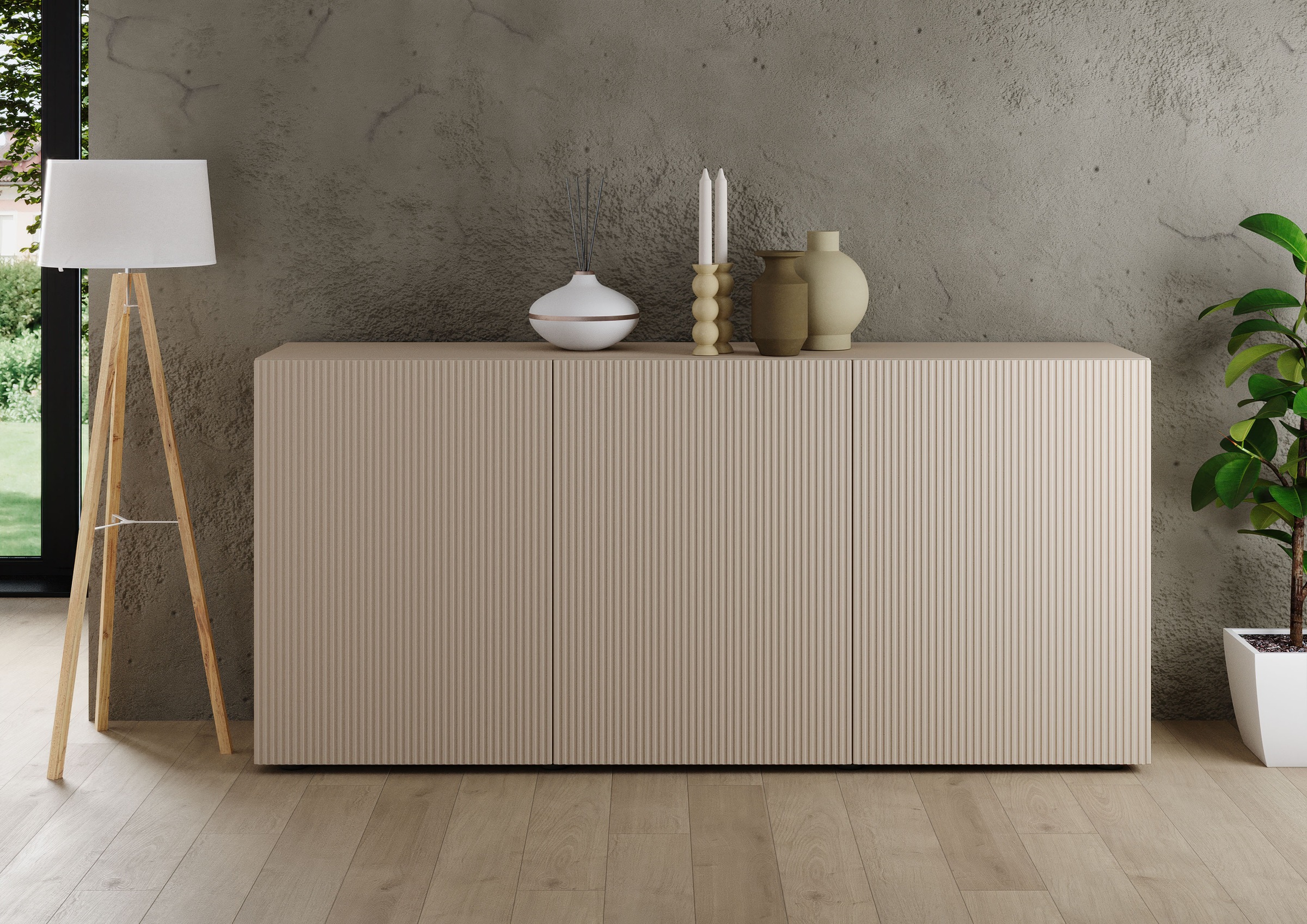 Image of Home affaire Sideboard "Rio Breite 181 cm, Kommode mit 3 Türen, Anrichte," geriffelte MDF-Fronten, modern u. elegant, viel Stauraum