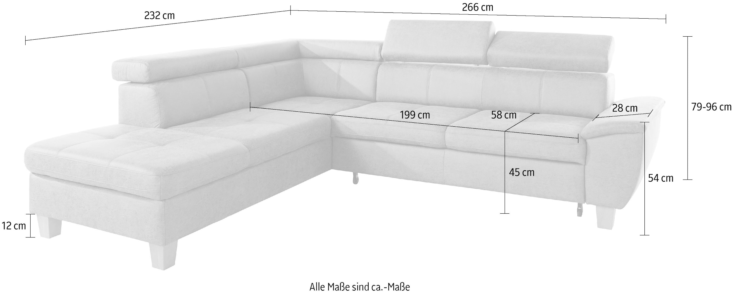 exxpo - sofa fashion Ecksofa »Enya, hoher Sitzkomfort, Breite 266cm, bequem, 12cm hohe Füsse, L-Form« mit Kopfteilverstellung, wahlweise Bettfunktion u. Bettkasten
