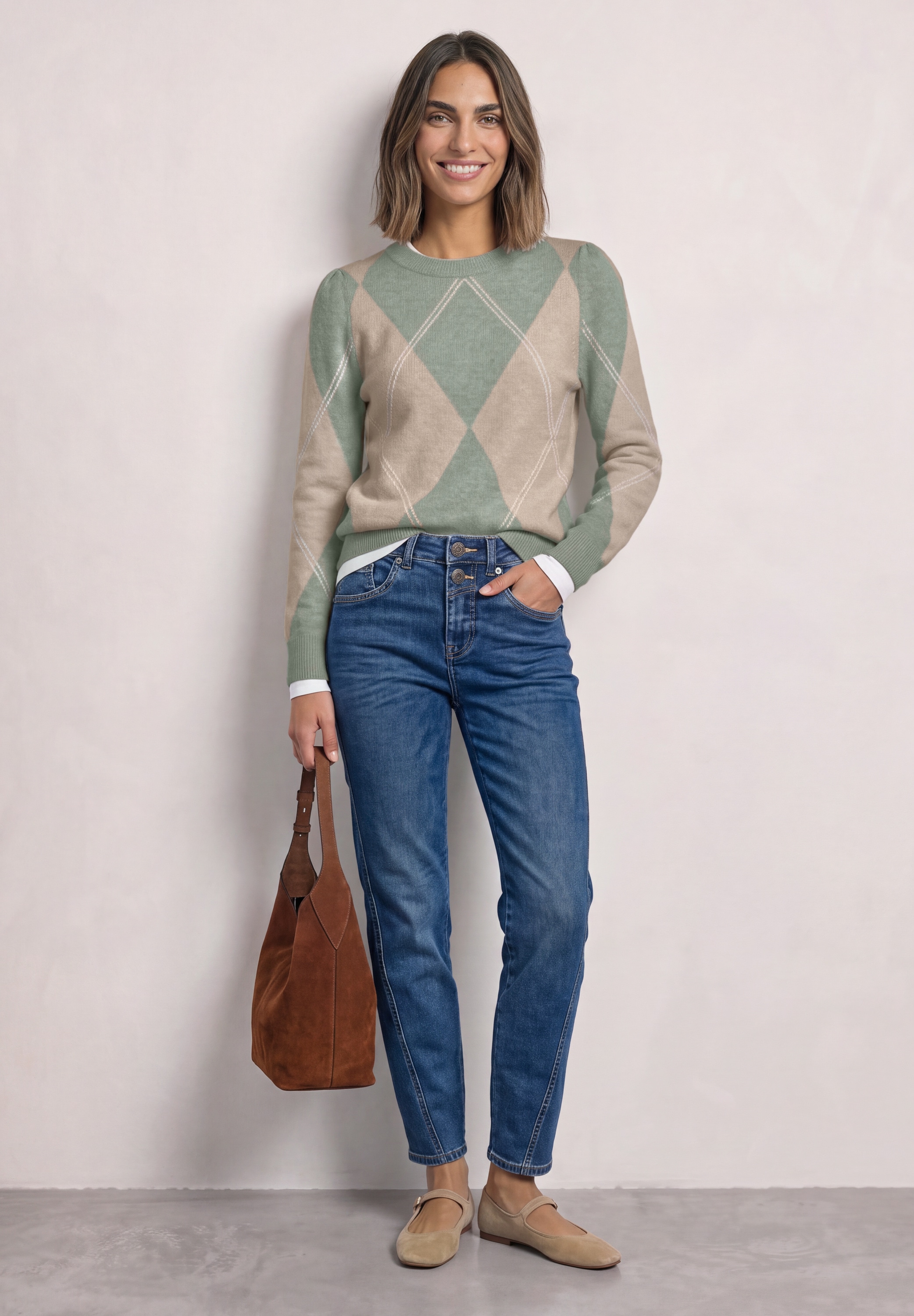 STREET ONE Strickpullover im Karo-Look / Rundhals / Stretch