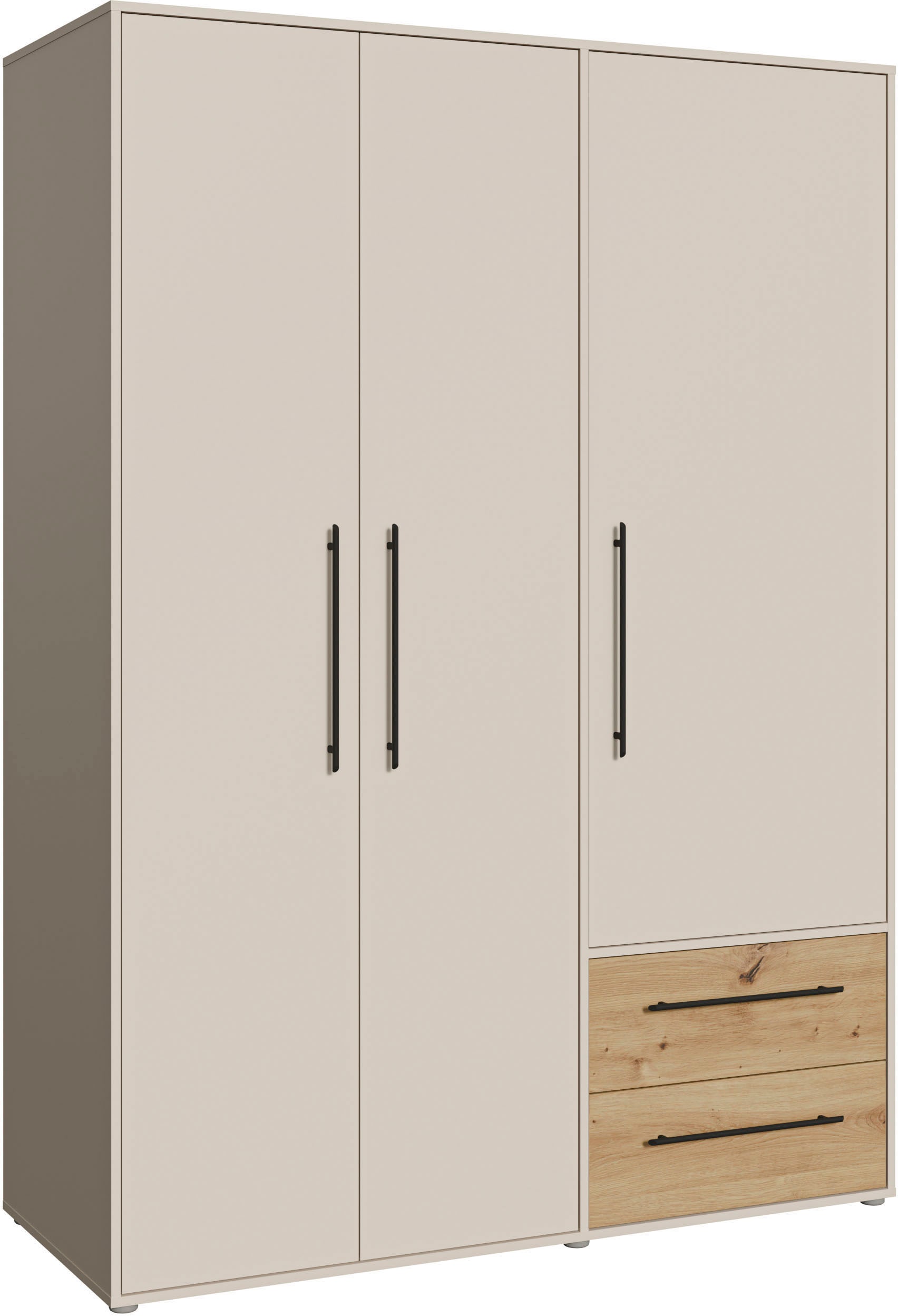 FORTE Kleiderschrank »Mokkaris , Garderobe, zeitloses Design, 3 Türen, Made in Europe« B/H/T ca. 144x200x59cm,  Zwei Schubladen, schwarze Stangengriffe, Stauraum, auch in Schwarz