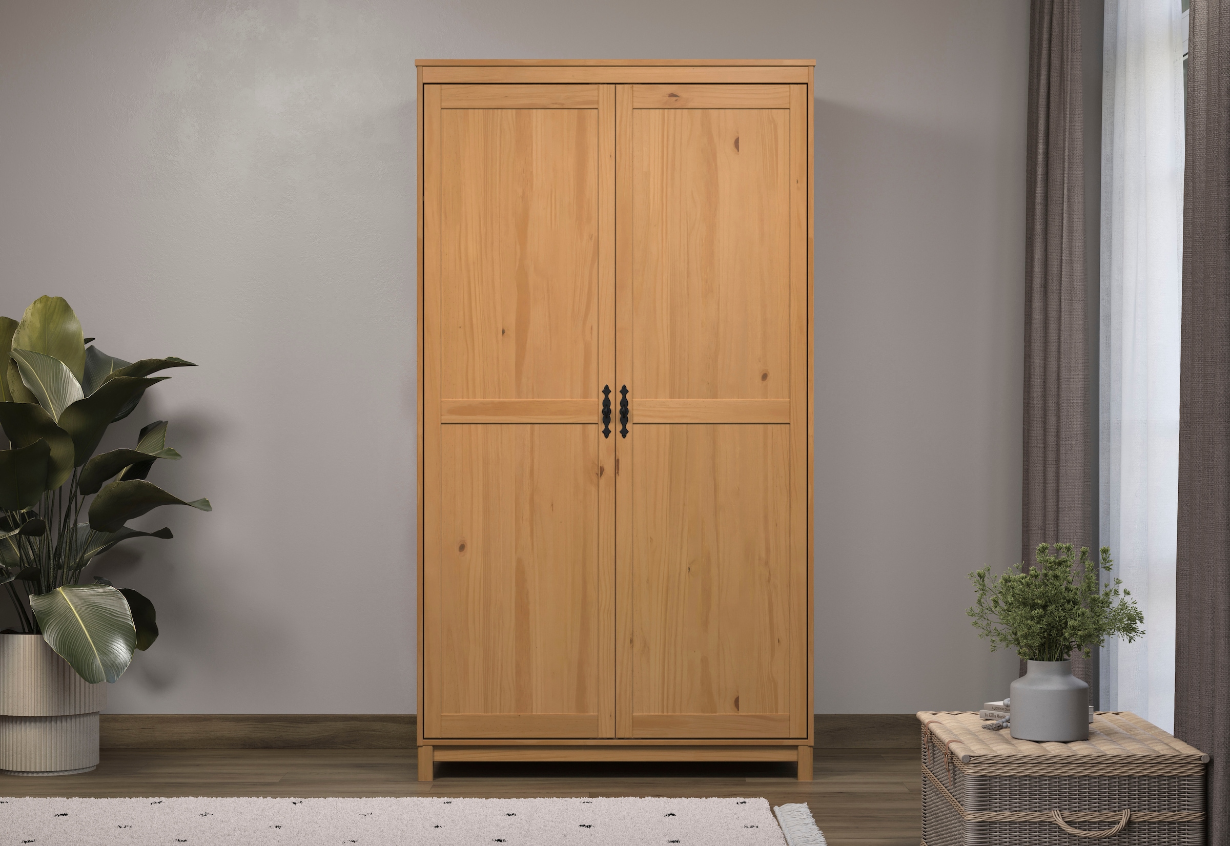 Home affaire Kleiderschrank »Sandnes Kieferschrank Schlafzimmer Schrank TOPSELLER weiss« natürlicher Landhaus-Look  B/T/H = 108x60x194cm, 1 Stk. tlg. Massivholz Schlafzimmerschrank mit besonderen Metallgriffen