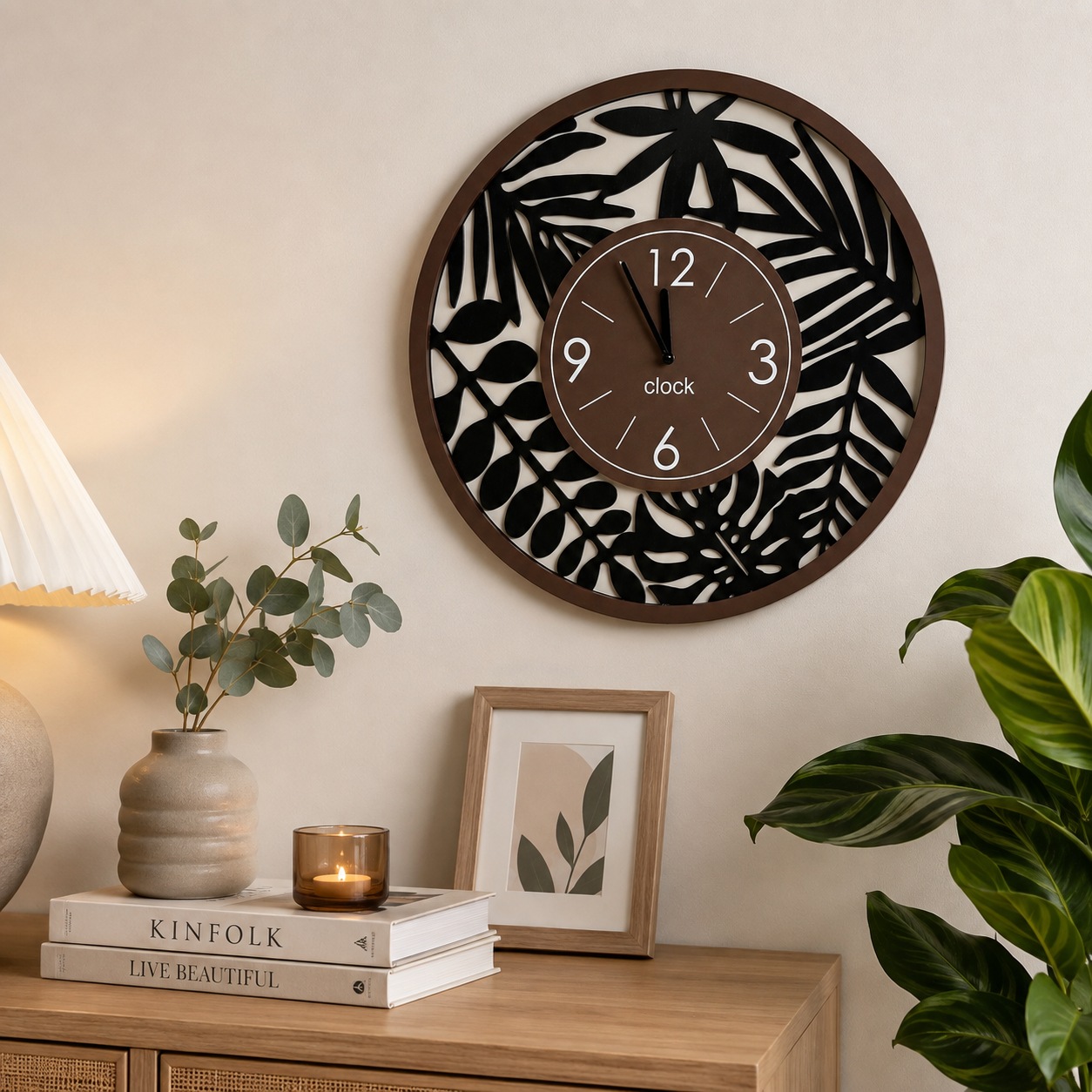 GOODproduct Uhr »dekoratives Blattmotiv, aus MDF gefertigt« runde, grosse Wanduhr mit Quarzuhrwerk, ca.49cm