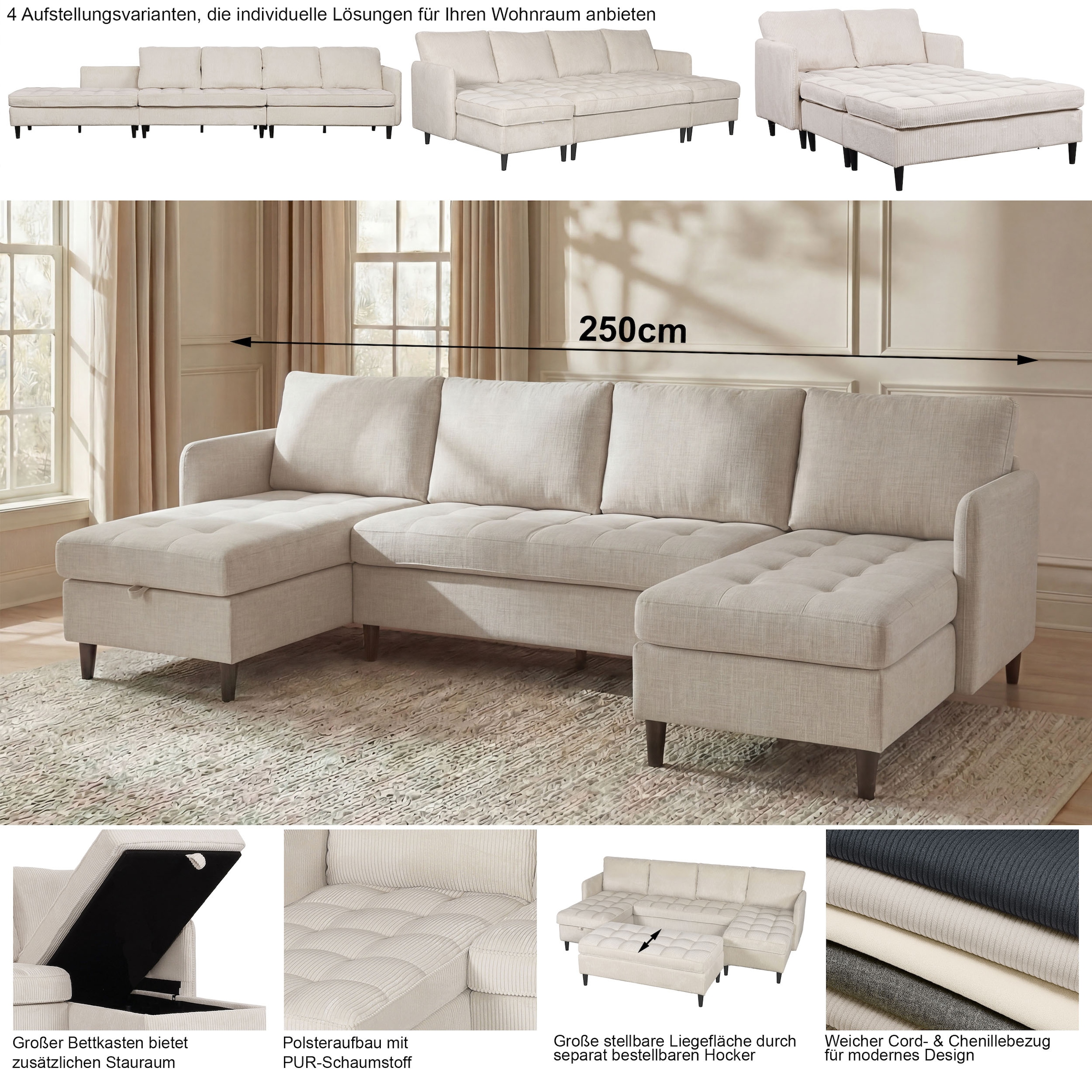 Dorel Home Paysage de salon »LINDHUS, U-Form, Breite 254 cm, verschiedene Stellvarianten, Modulsofa« Recamiere, Stauraum, Cord und Chenille-Bezug