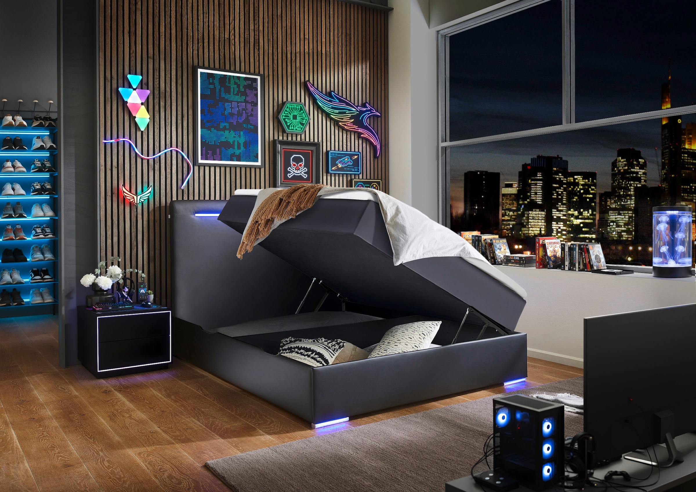 meise.möbel Lit de boxe »Candela inkl. Bettkasten, Topper & LED-Beleuchtung an Kopfteil & Füssen«