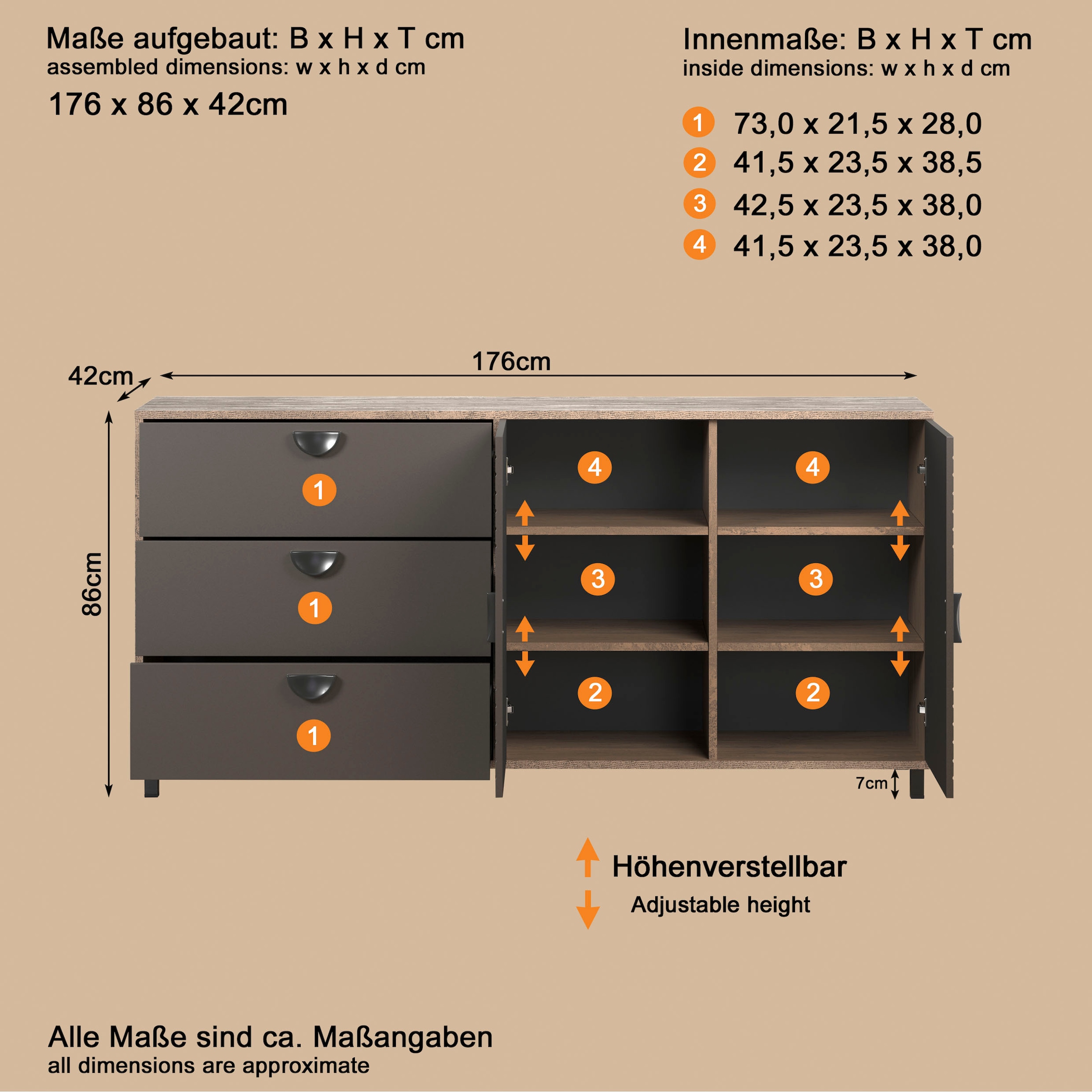 INOSIGN Sideboard »Fusion« 1 Stk. tlg. Kommode mit markantem Kreismuster - Antikoptik - (B/T/H) 176/42/86 cm