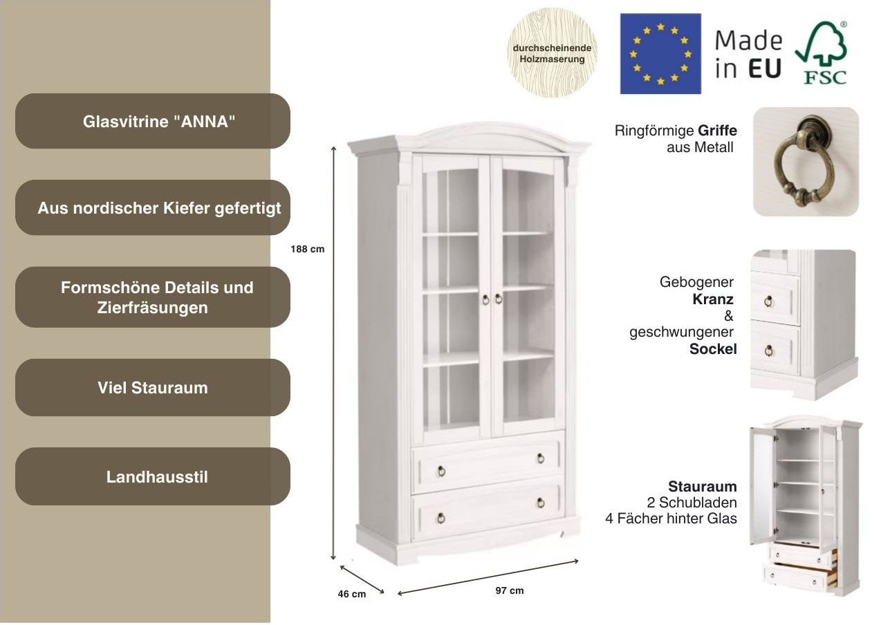 Home affaire Glasvitrine »Anna«, (Gesamtmasse (B/T/H): ca. 97/46/188 cm), mit Glastüren, 2 Schubladen, Höhe 188 cm, aus massiver Kiefer, FSC®
