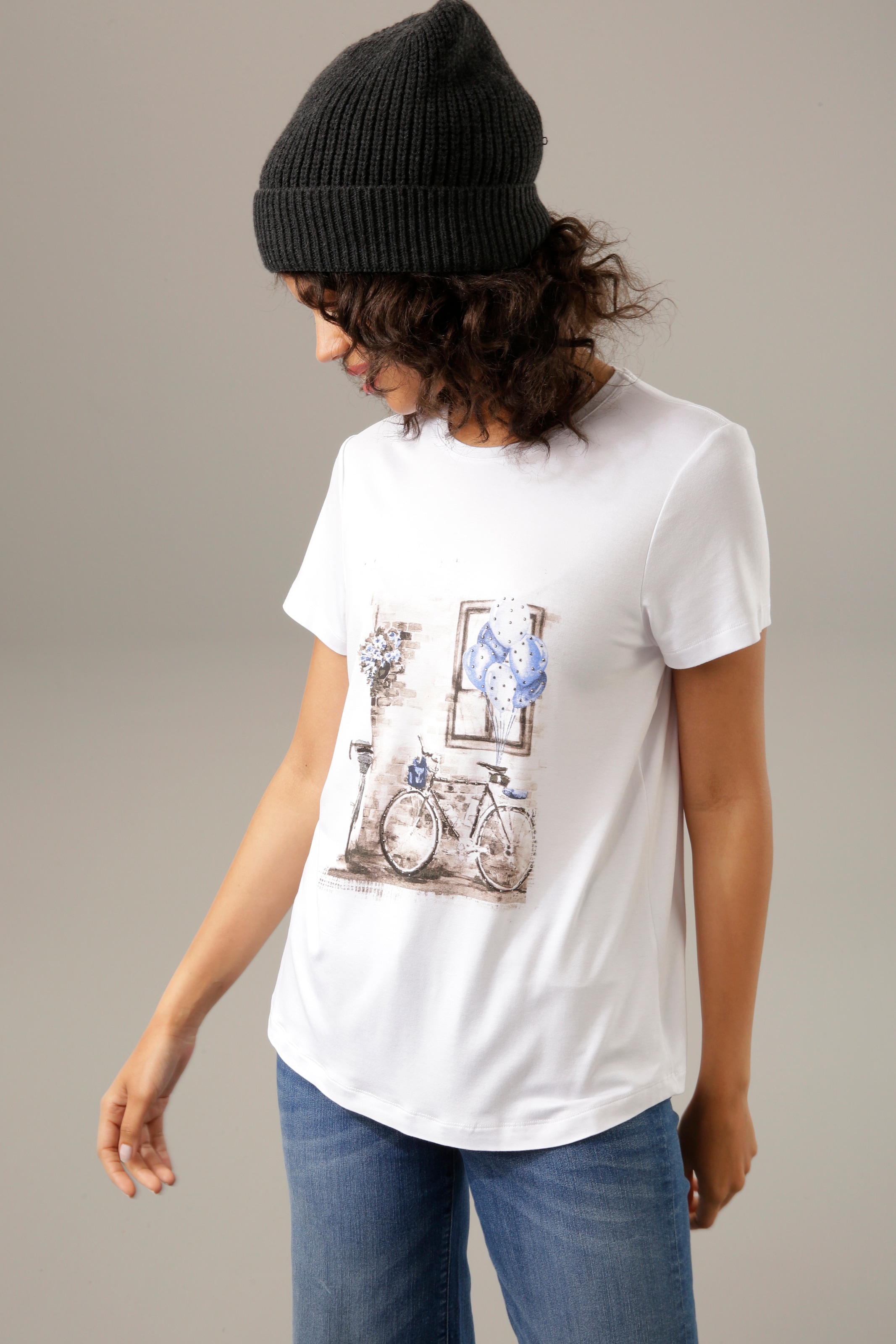 T-Shirt, ♕ kaufen Aniston versandkostenfrei Frontdruck verzierter CASUAL mit Glitzersteinchen
