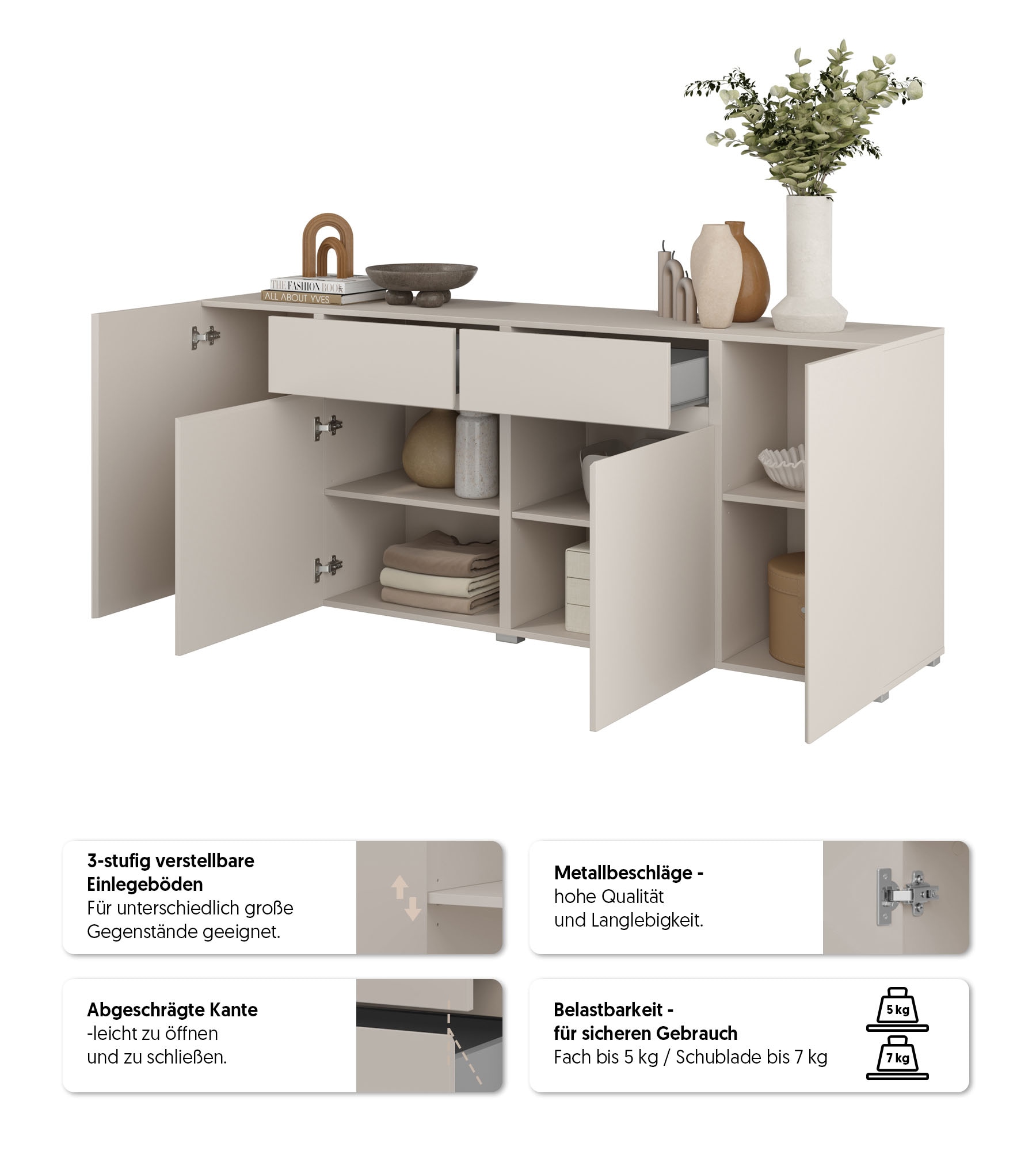 GOODproduct Sideboard »Metric,Breite 195 cm, grifflose Kommode 4 Türen/2 Schubkästen« Schubladenschrank mit viel Stauraum, Einlegeböden verstellbar