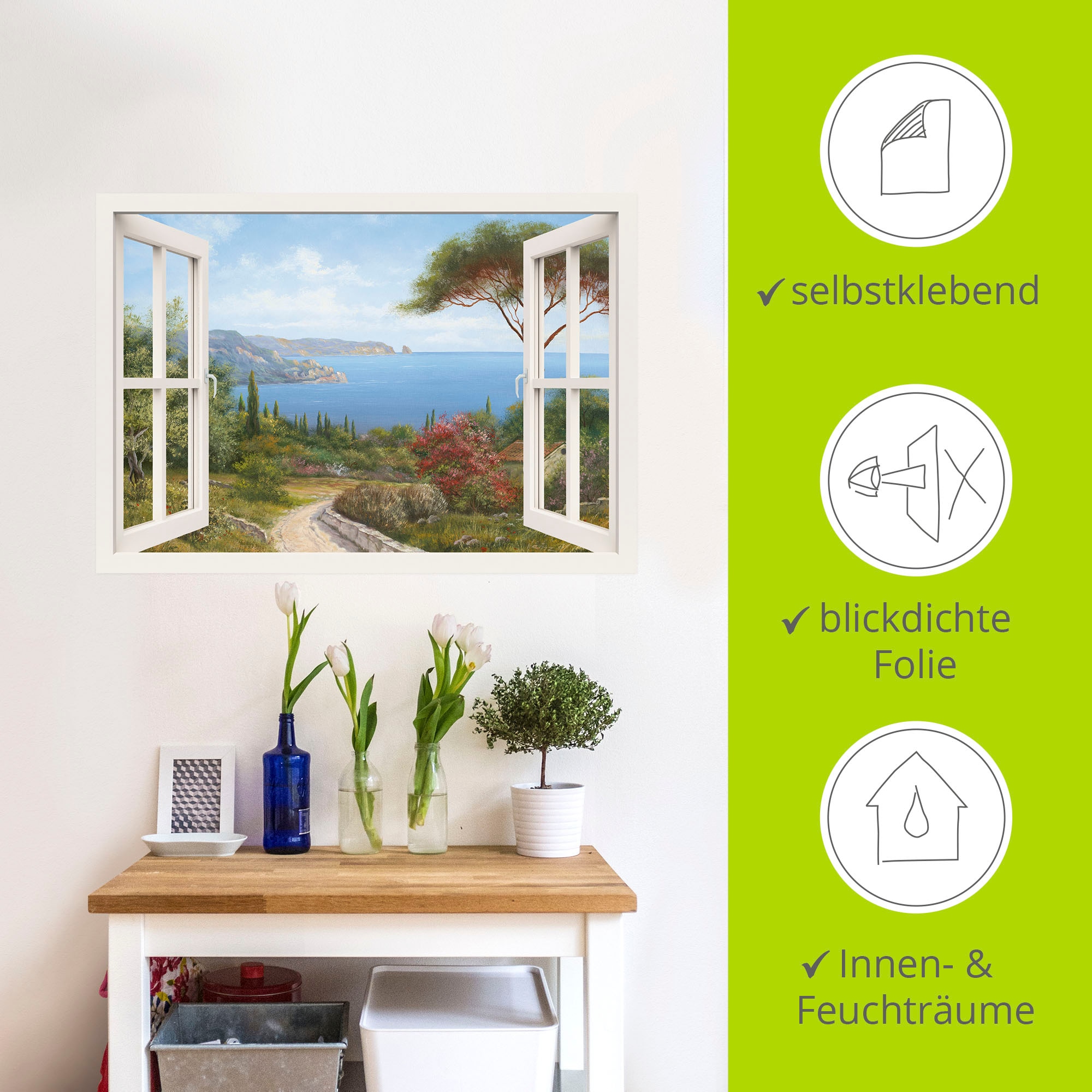 Artland Wandbild »Fensterblick - Haus am Meer I«, Fensterblick, (1 St.), als Leinwandbild, Poster, Wandaufkleber in verschied. Grössen