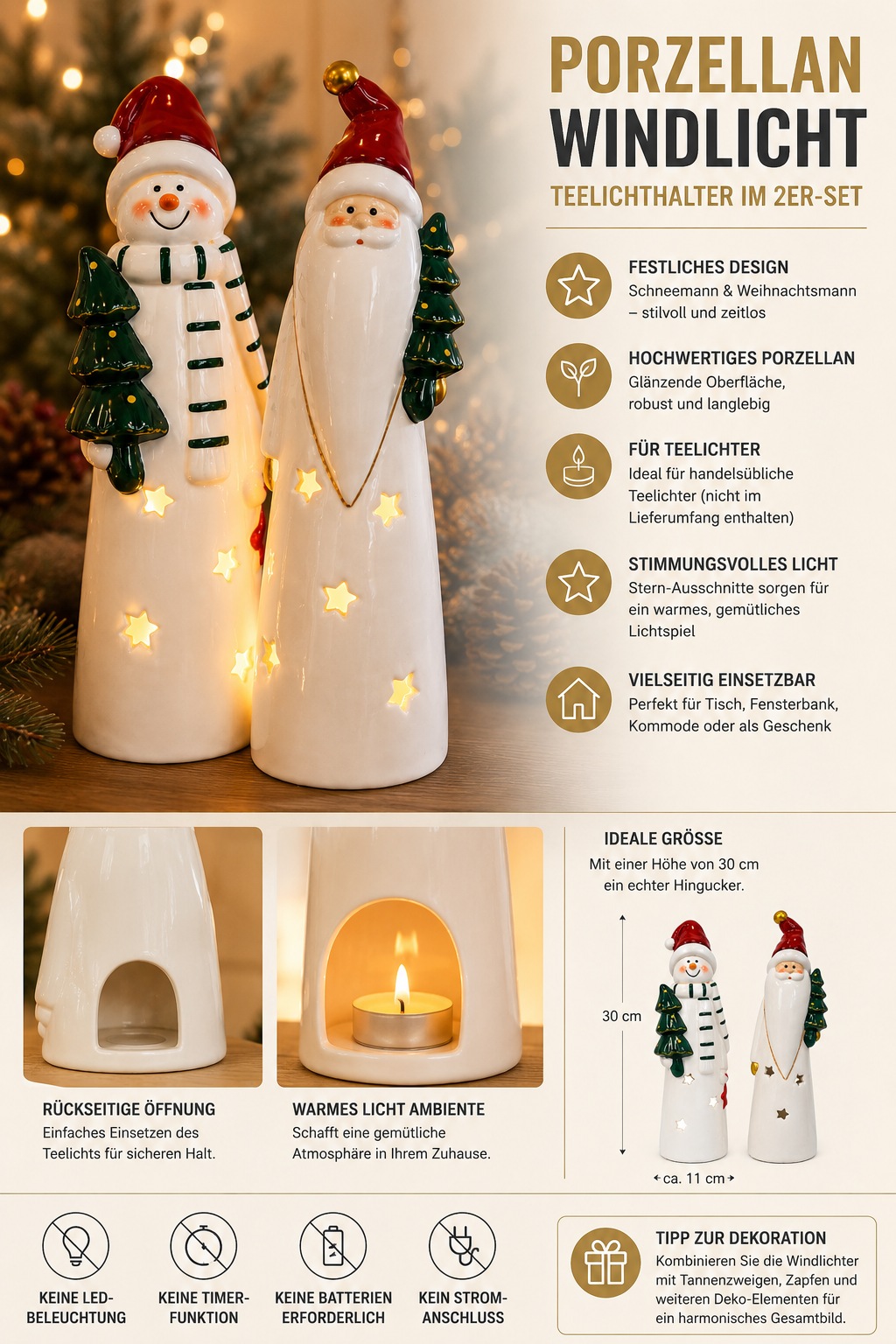 GOODproduct Teelichthalter »Deko Weihnachten Eeske, aus Porzellan detailreich bemalt« Weihnachtsmann und Schneemann im 2er Set, jeweils ca.31cm hoch