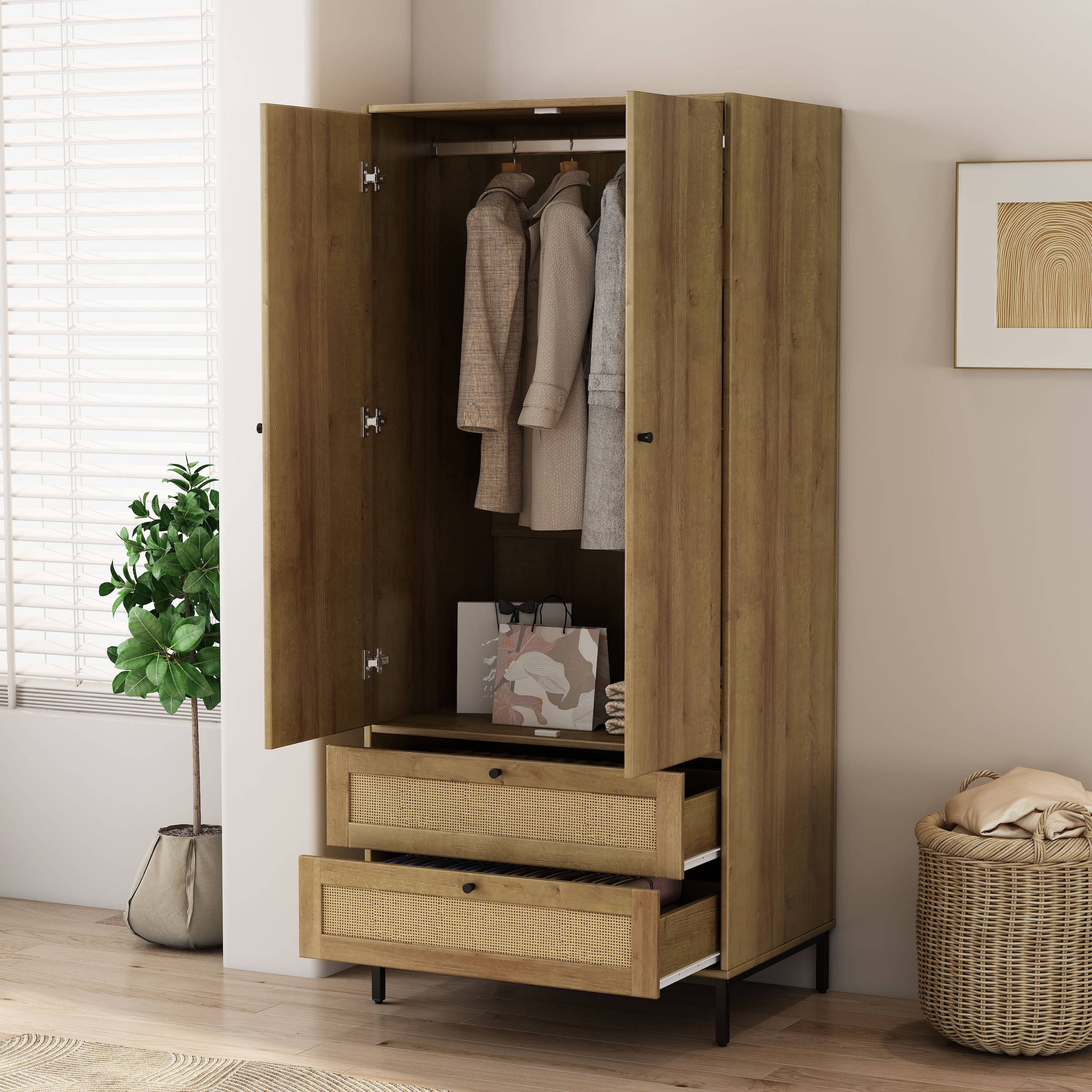 GOODproduct Armoires à vêtements »Motala Schlafzimmerschrank Garderobe Boho Eichen-Design Bestseller« Moderne schwarze Griffe, Schublade mit Geflecht,  Schlafzimmerschrank mit 2 Türen und 2 Schubladen