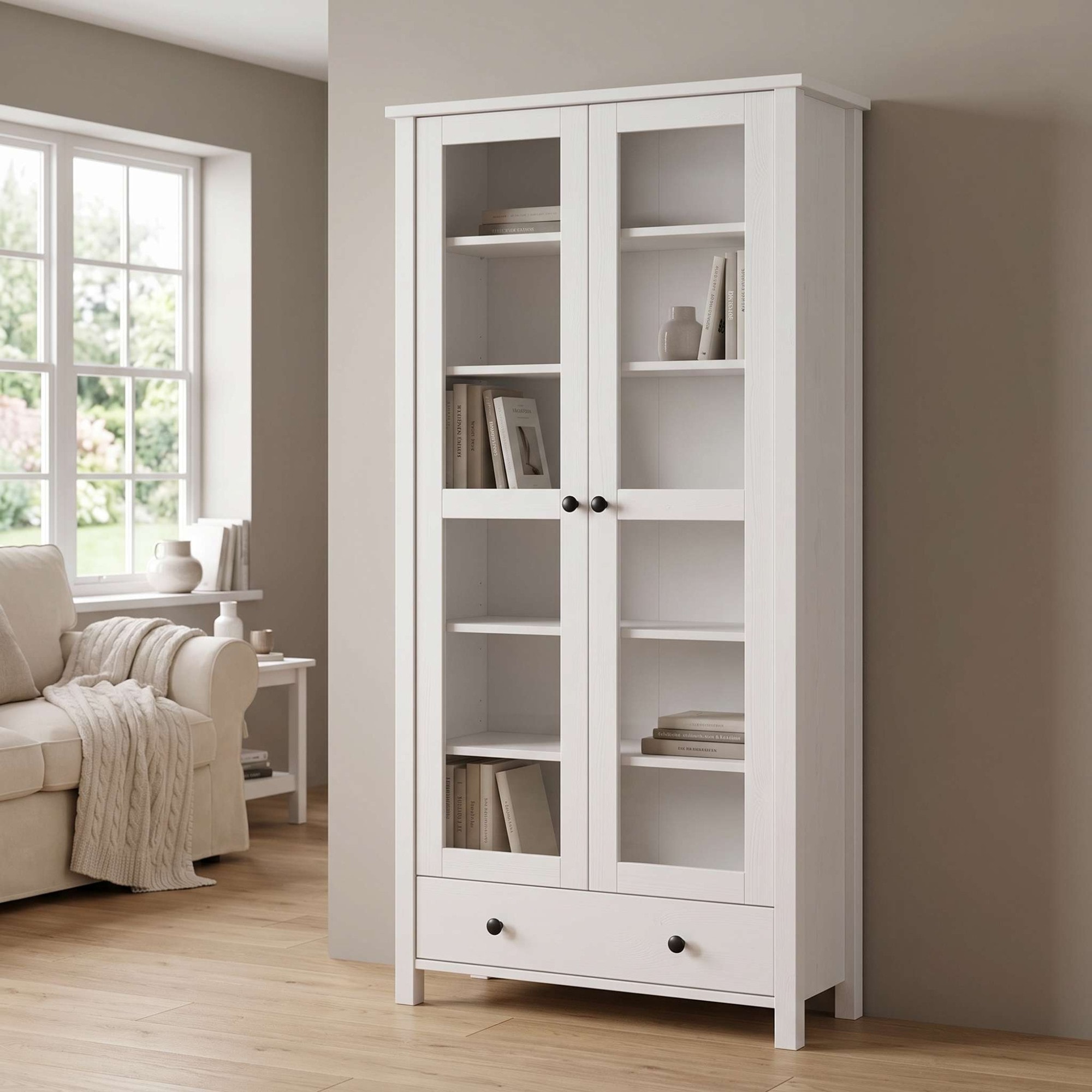 GOODproduct Vitrine »Mikkeli Glasvitrine mit 1 Schubkasten, Knopfgriffen aus Metall« aus massiver FSC®-zertifizierter Kiefer, moderner Landhausstil