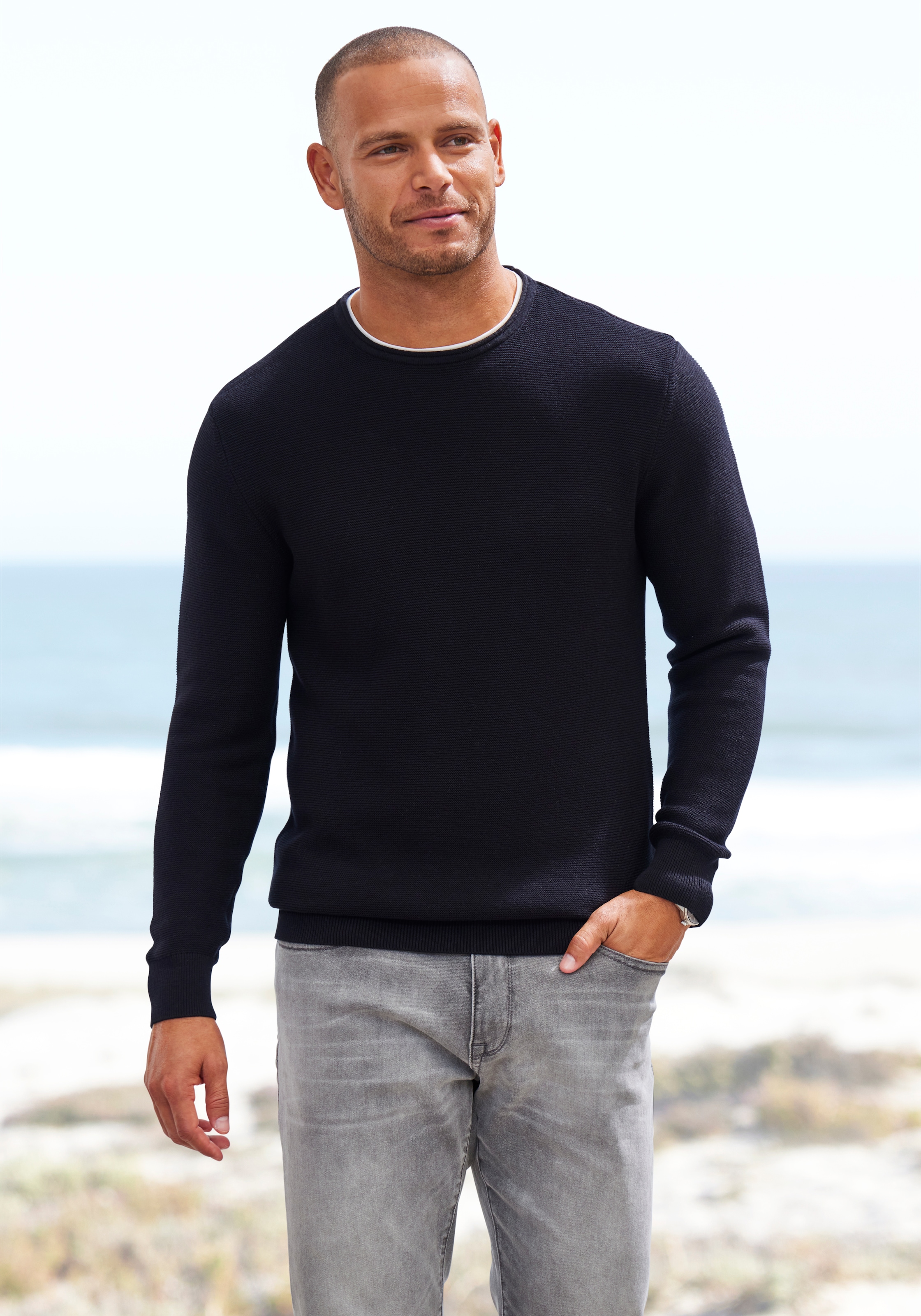 AUTHENTIC LE JOGGER Strickpullover mit Double-Layer Optik, Pullover aus reiner Baumwolle