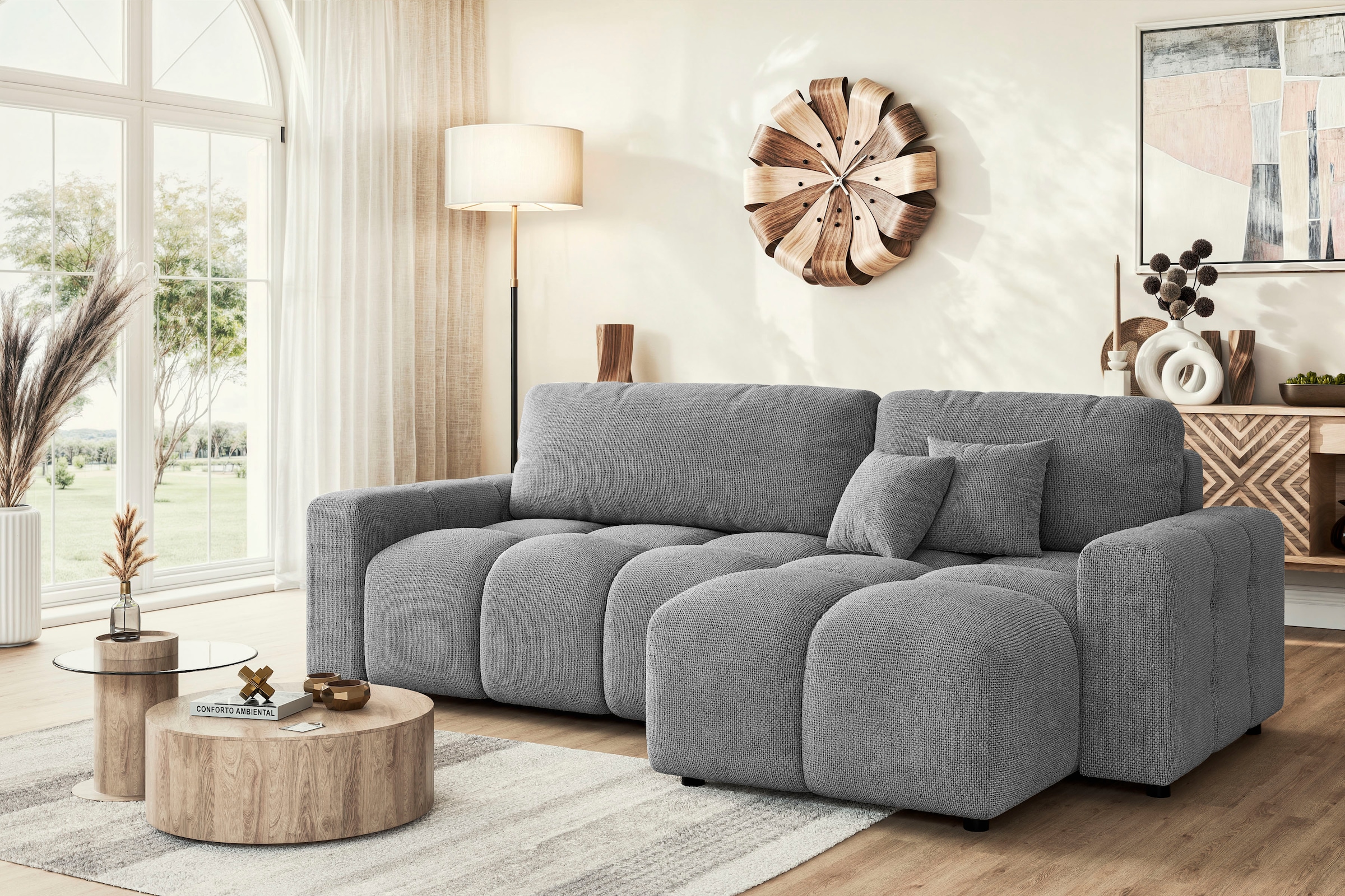 INOSIGN Ecksofa »FELICI, Schlafsofa 233cm, L-Form mit Recamiere beidseitig montierbar«, Designsofa mit Bettfunktion und Bettkasten, Masse B/T/H: 233/142/88 cm