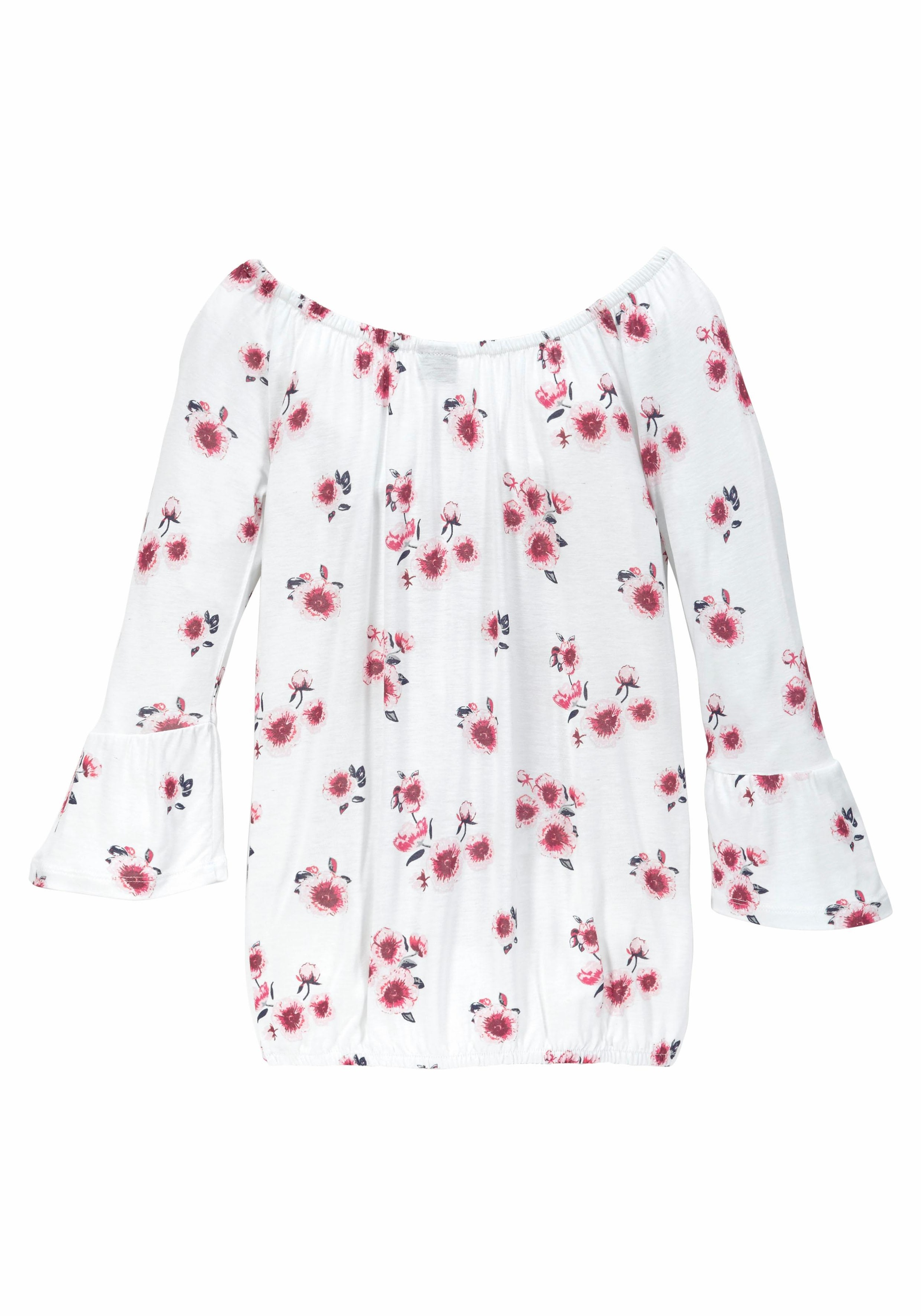 KIDSWORLD Carmenshirt »Viskose-Shirt«, weite Passform, mit Blumenmuster und Aufdruck, Carmenausschnitt