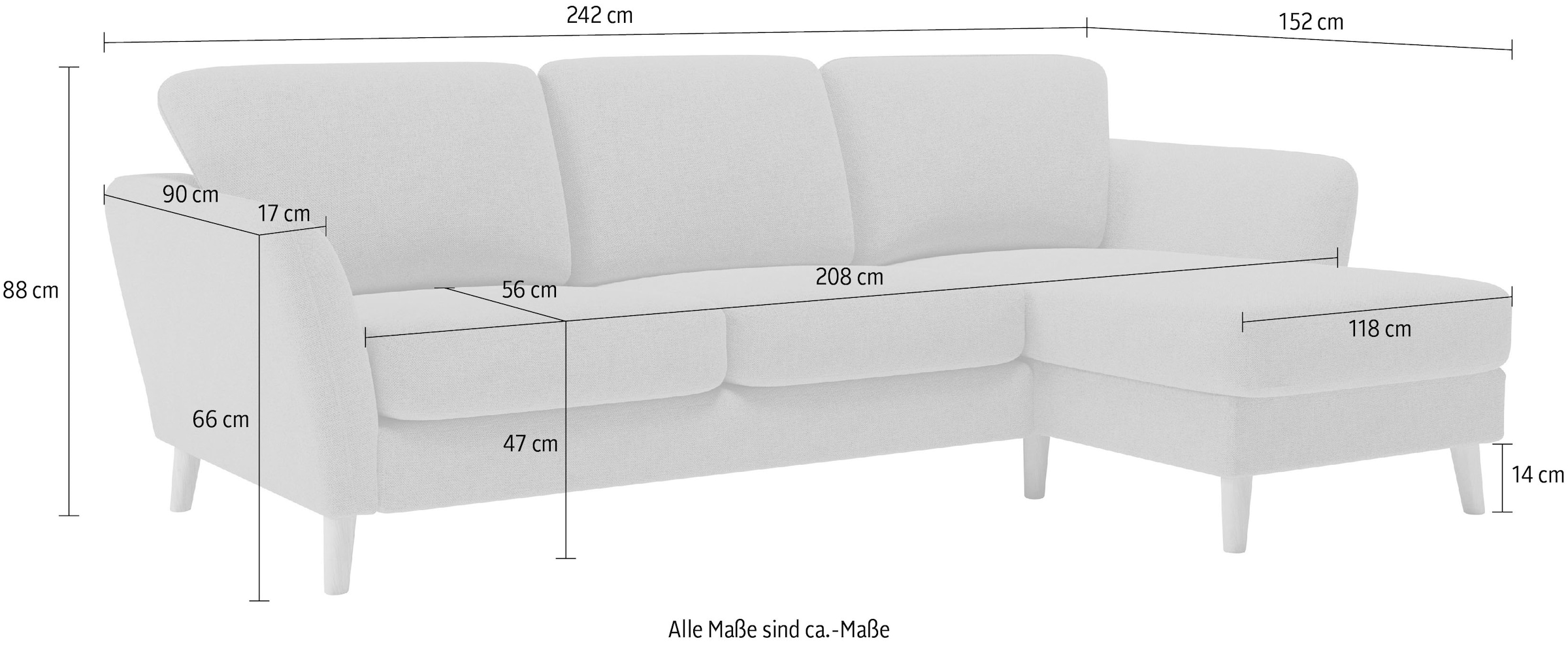 Home affaire Ecksofa »MARSEILLE (242/152cm),L-Form, Rec. rechts/links«, Massivholzbeine Eiche, Landhausstil, Wellenunterfederung