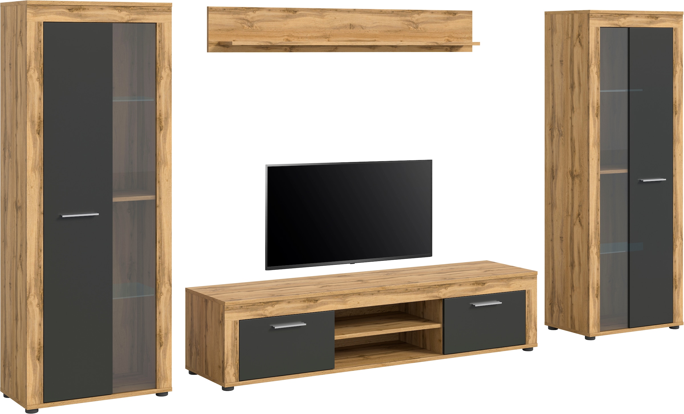 INOSIGN Wohnwand »Aosta, Breite 310cm, best. aus: 2x Vitrine, Lowboard, Wandboard«, Wohnwand, Kombination, Anbauwand, Möbel Set, Schrankwand, Möbel Kombi