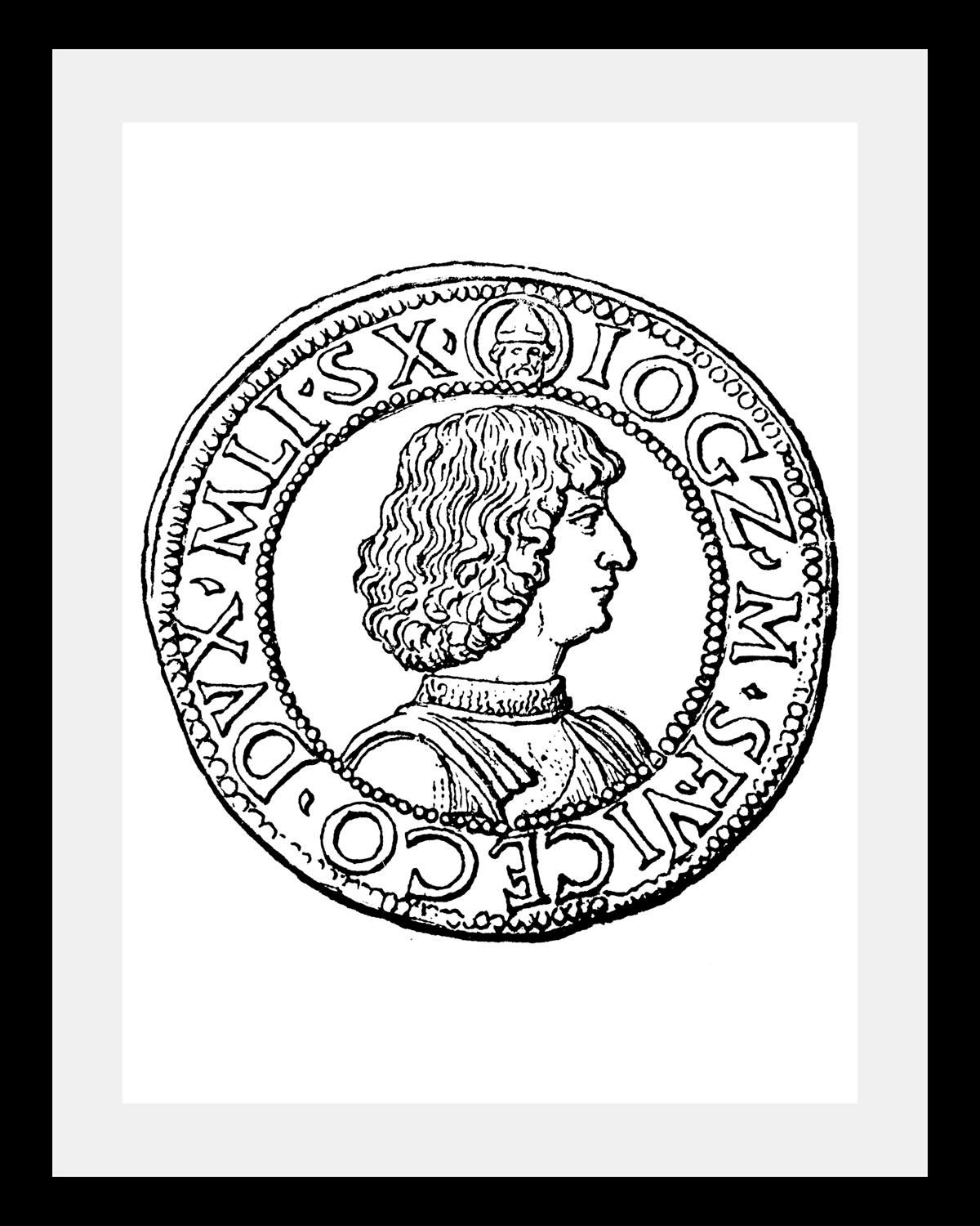 Image of queence Bild "Münze" Historische Persönlichkeiten Schwarz-Weiss HD Premium Poster-Druck inkl. Holzrahmen