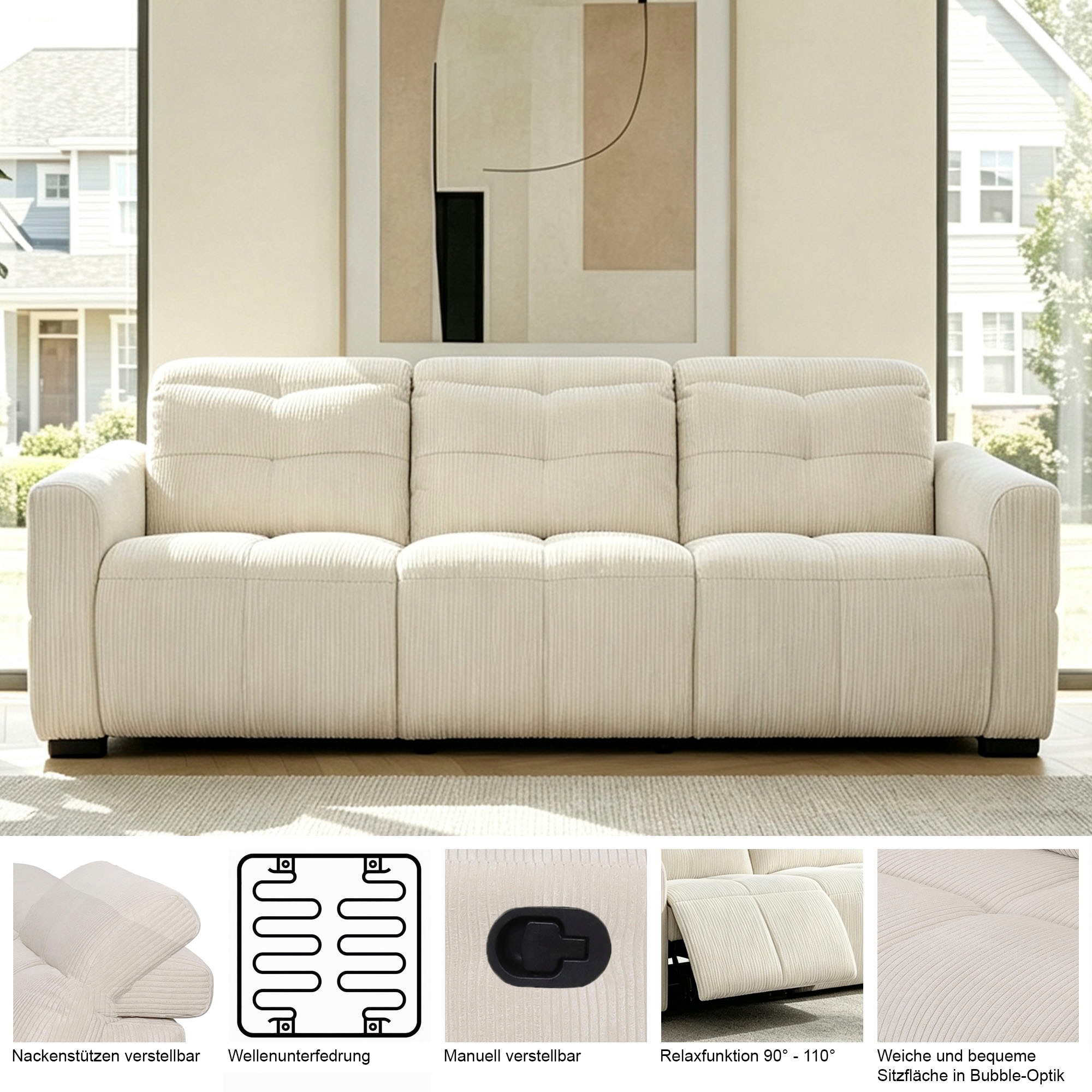 GOODproduct »CAARLA Webstoff, Sofa, 224 cm, man. o. elektr. Relaxfunktion (USB)« mit USB-A und USB-C bei elektrischer Ausführung, Kopfteilverstellung