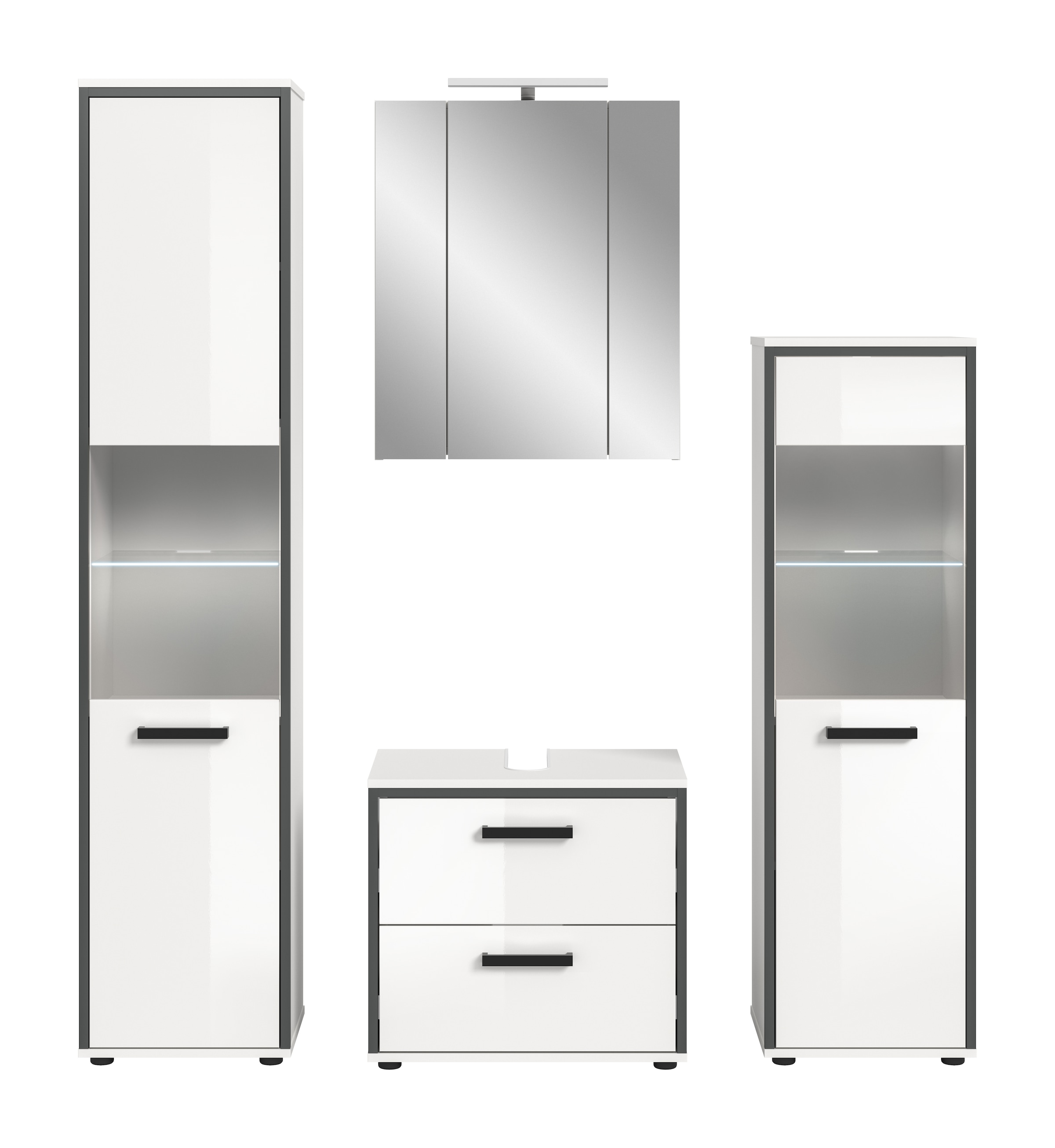 welltime Ensemble de meubles de salle de bain »KAJO, 4-tlg. Badkombination, weiss hochglanz inkl.Beleuchtung« Set, Set, best. aus:Hochschrank,Midischrank,WBU,Spiegelschrank,Beleuchtung, 7 cuis tlg.