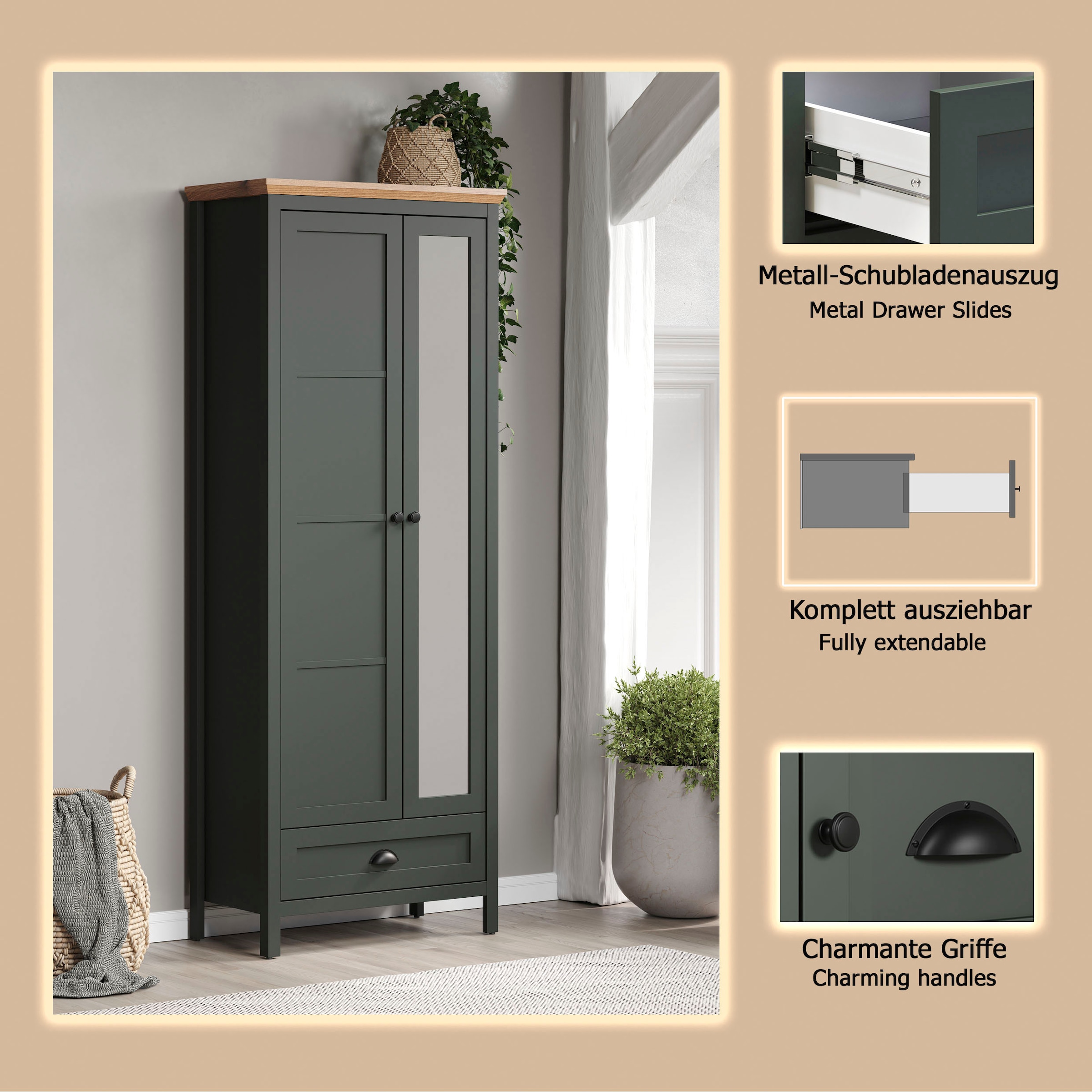 Home affaire Armoire vestiaire »Vienna« 1 cuis tlg. Garderobenschrank, 2 Türen, 1 Schubkasten & Vollauszug 77/39/198 cm