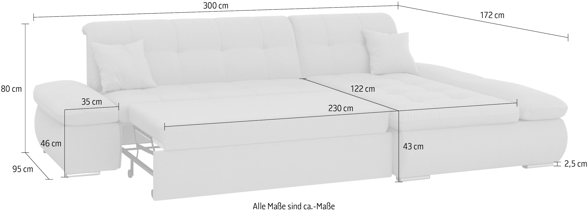 DOMO collection Ecksofa »Moric, L-Form, XXL-Sofa - Breite 300cm«, wahlweise mit Bettfunktion und Armteilverstellung, silberfarben-grau