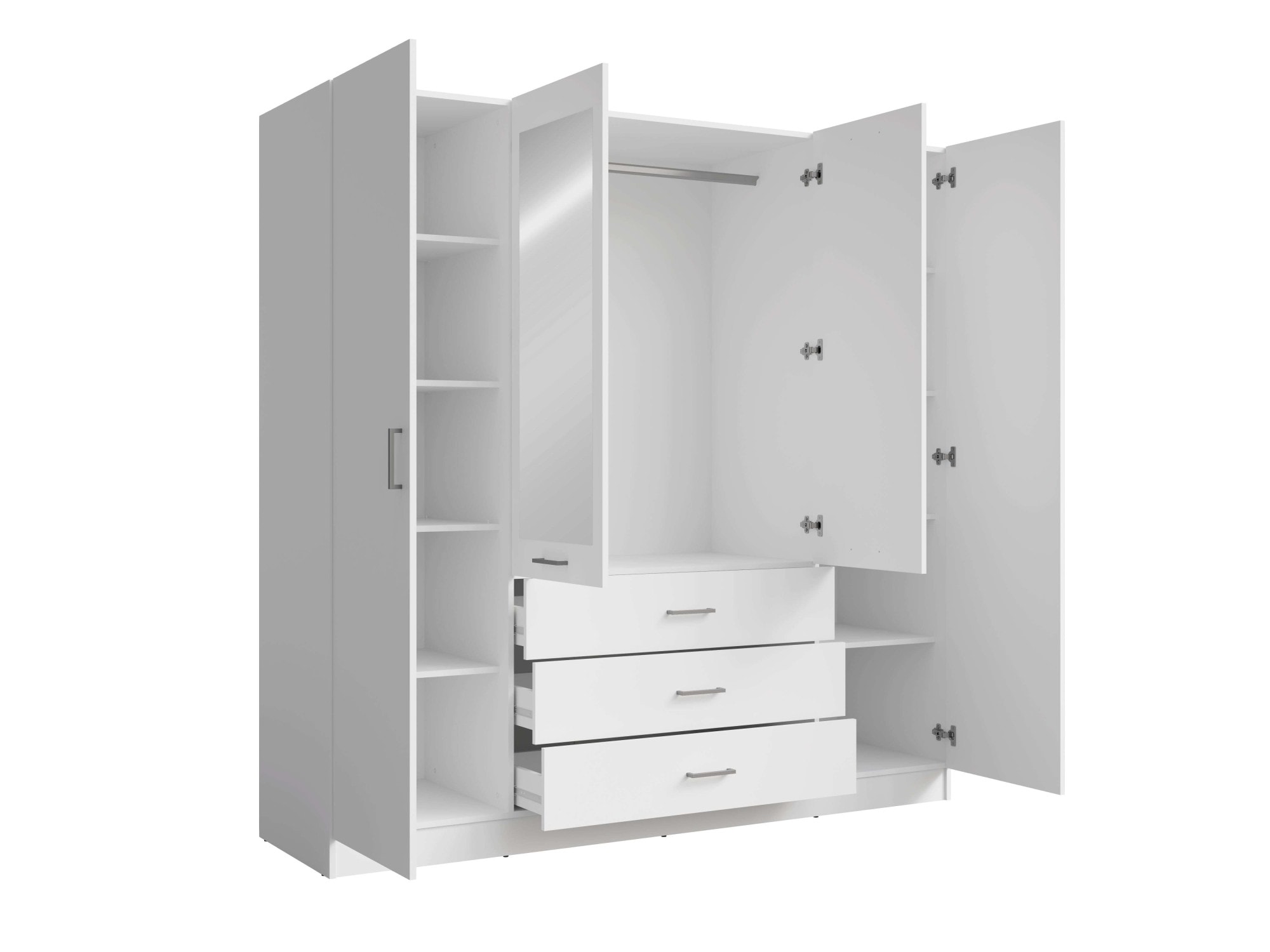 Home affaire Kleiderschrank »KOS Garderobe mit 3 Schubladen, Kleiderstange, 8 Einlegeböden, Spiegel«, Wäscheschrank mit 4 Drehtüren, silberfarben Griffen, Masse B/H/T 200/200/58cm