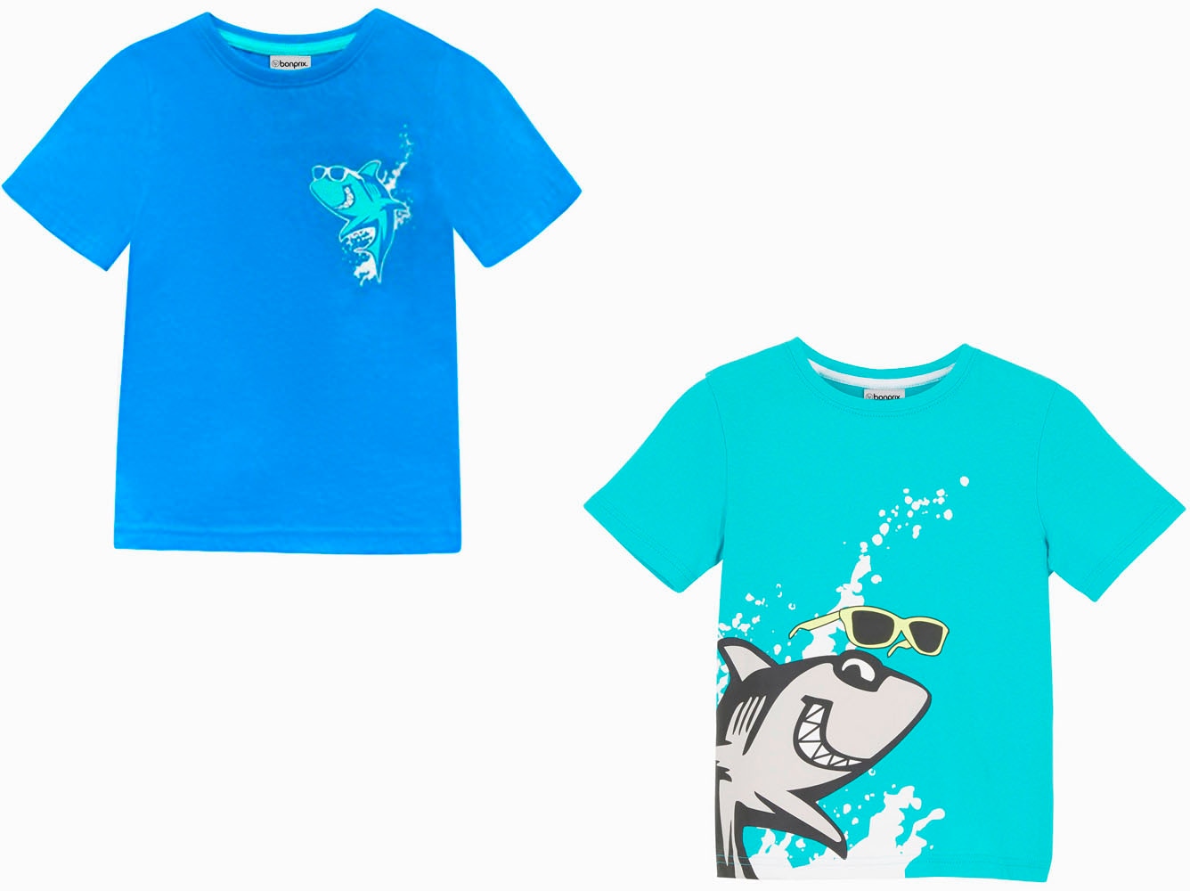 bonprix T-shirt Packung, 2 cuis bequeme Passform, Kurzarm, mit Haifisch-Druck, aus Baumwolle