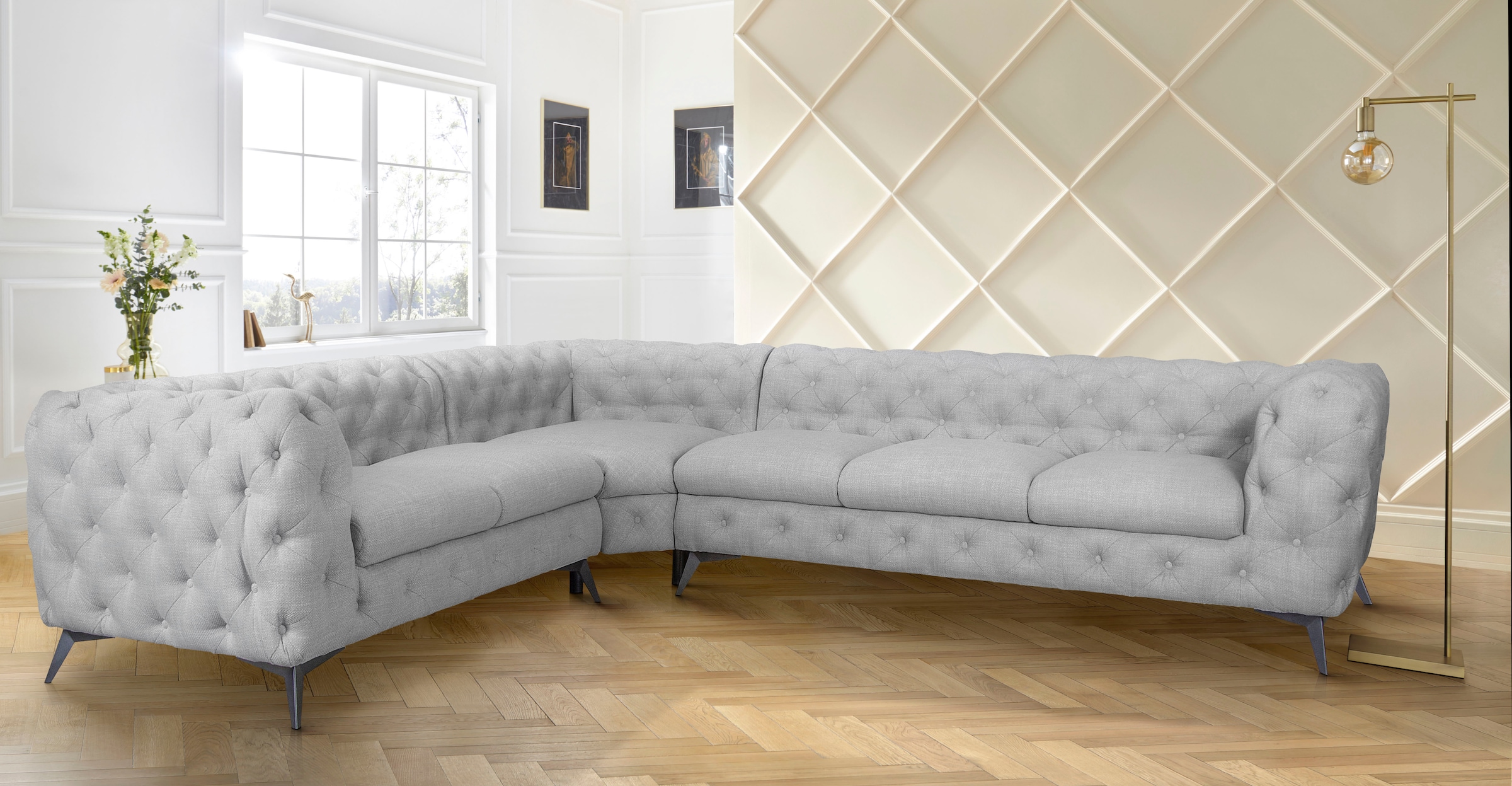 Home affaire Chesterfield-Sofa »Ecksofa GLYNIS L-Form mit Wellenunterfederung, Masse B/T/H 323/264/75cm« aufwändige Knopfheftung, moderne Chesterfield Optik, Fussfarbe wählbar
