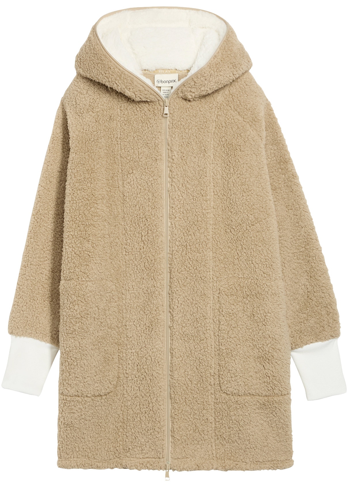 bonprix Veste polaire avec capuche en peluche teddy, avec fermeture éclair à 2 sens, oversize, couvrant les fesses