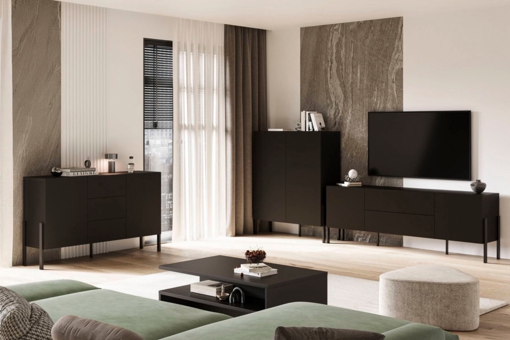 GOODproduct Buffet »Jukon, Breite 150 bzw.180 cm, moderne grifflose Kommode« Schubladenschrank 2 Türen/3 Schubkästen, push-to-open-Funktion