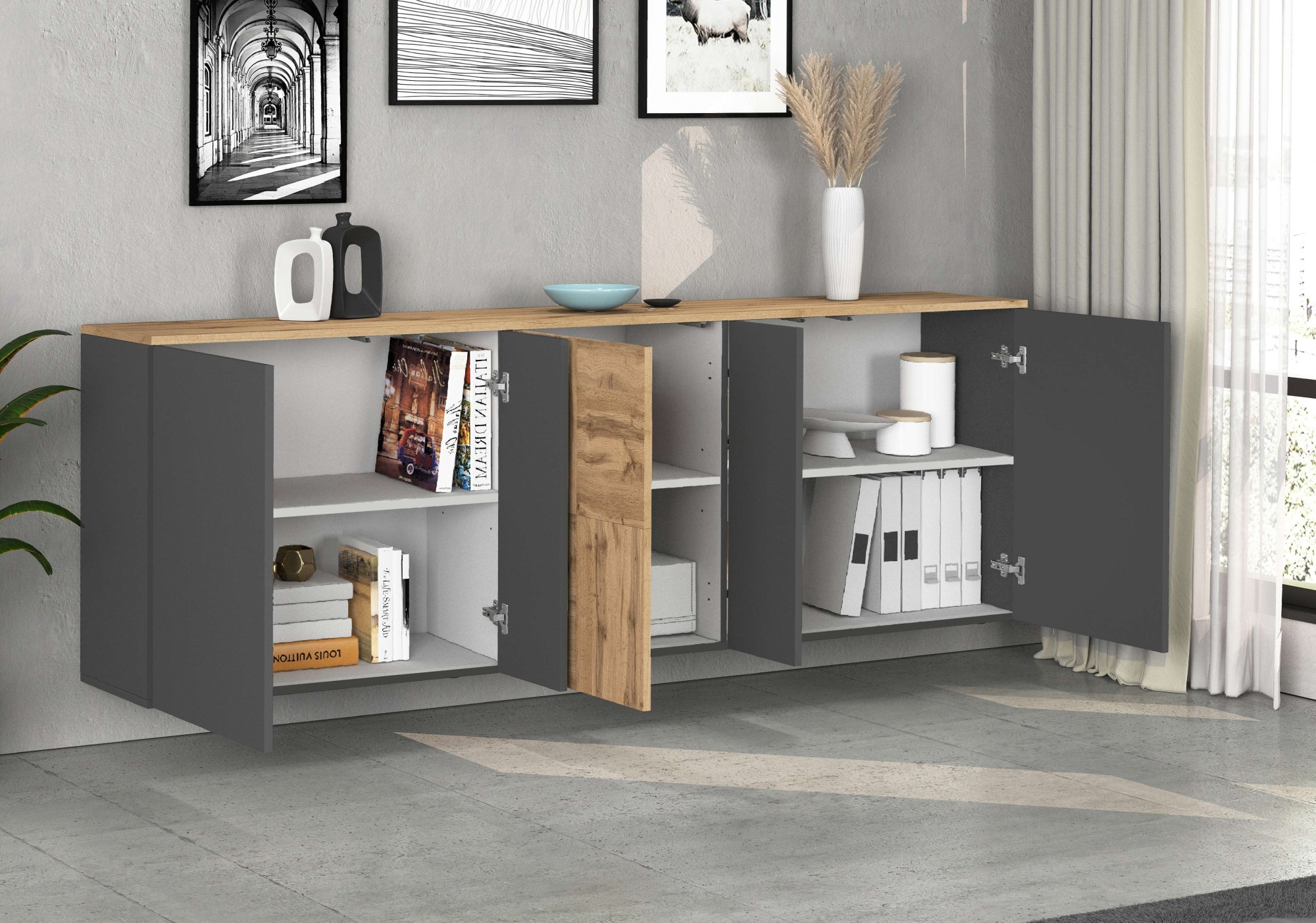 GOODproduct Sideboard »ISEO, Kommode, Schrank, Sideboard, Lowboard, 6 Fächer, Breite 200 cm« 1 Stk. tlg. stehend/hängend, 5 Türen, 6 Fächer, Breite 200 cm