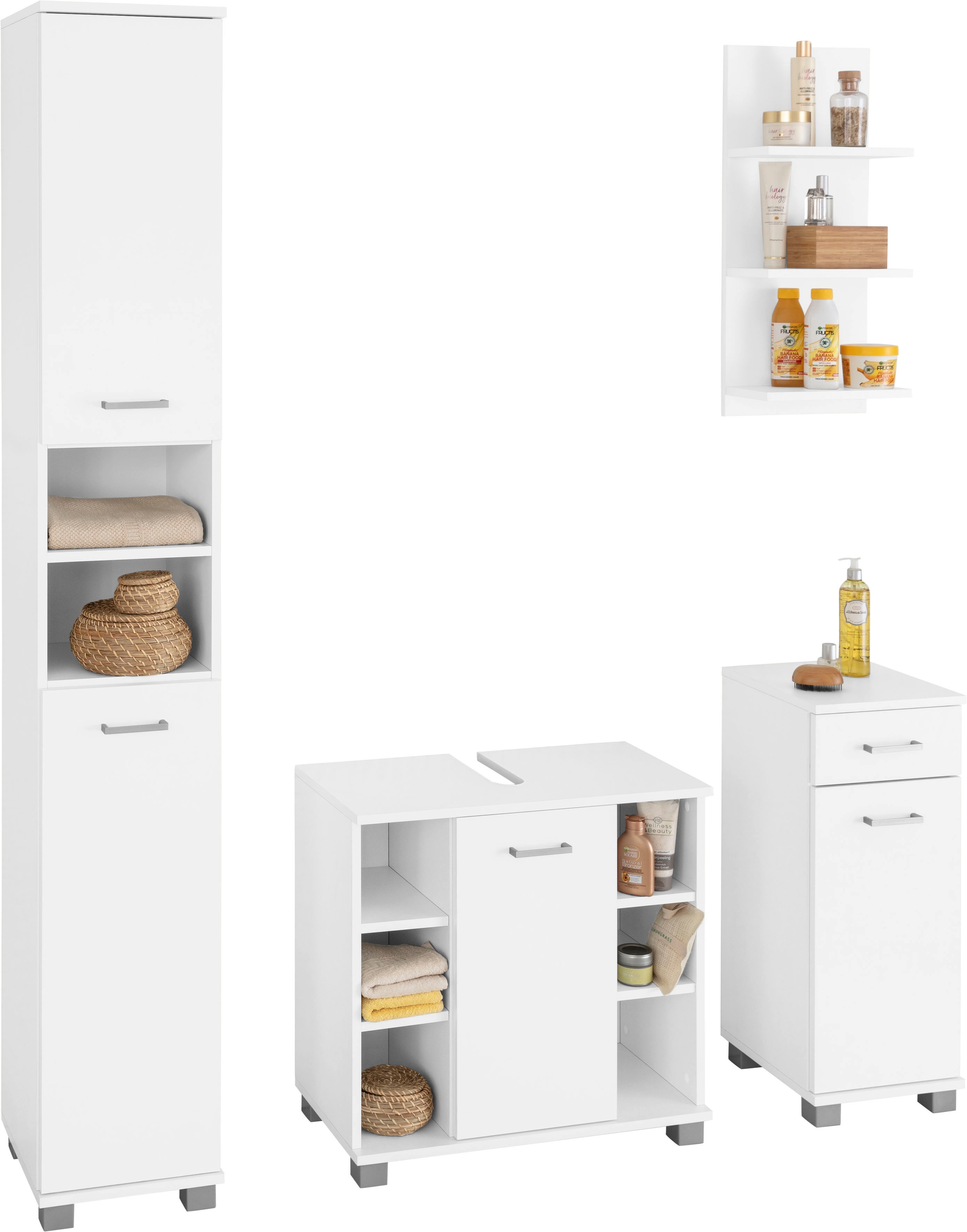 Image of Schildmeyer Badmöbel-Set »Mobes«, (Set, 4 St.), aus Hochschrank, Waschbeckenunterschrank, Unterschrank und Wandregal! Badschränke mit praktischem Stauraum durch viele Fächer, Türanschläge wechselbar bei Ackermann Versand Schweiz