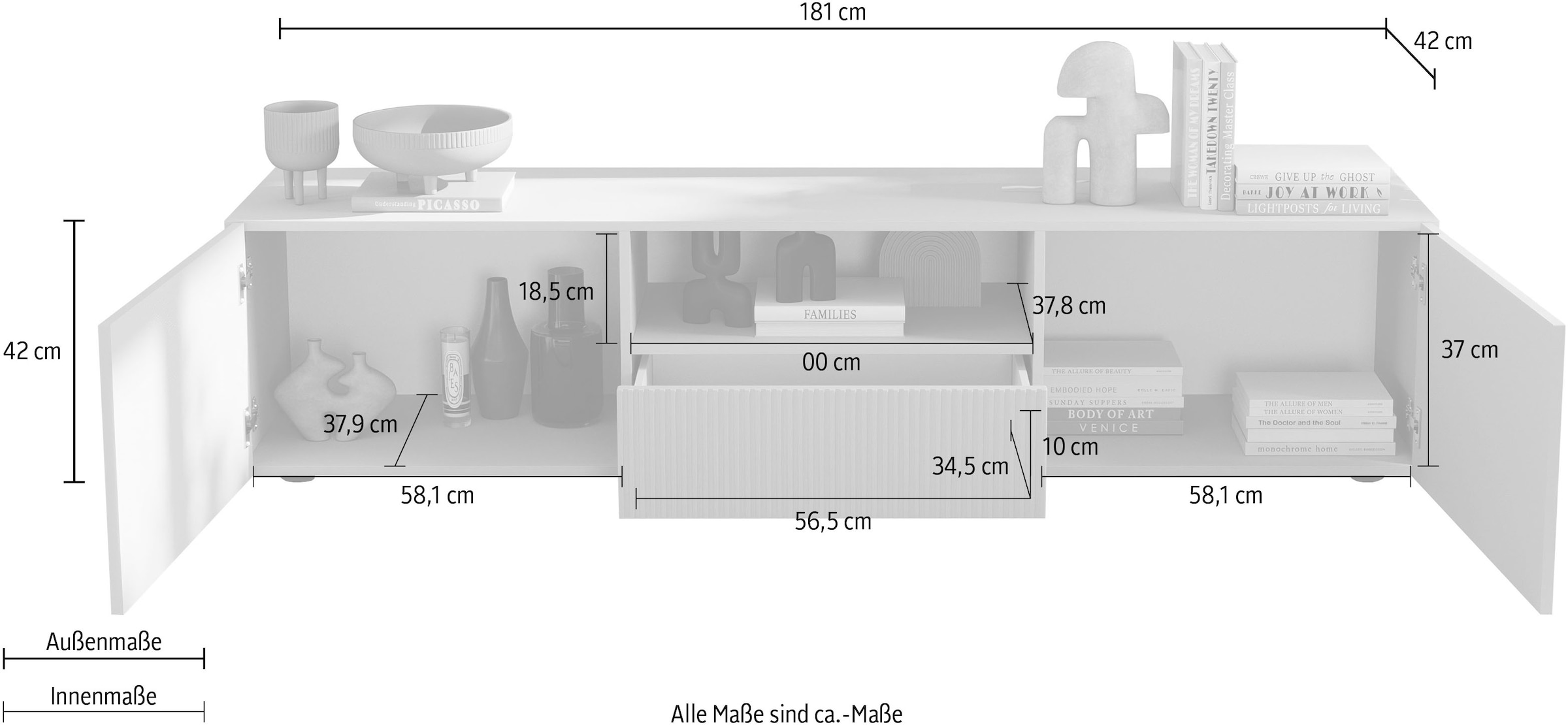 INOSIGN Lowboard »Rio Breite 181 cm, TV-Board 2 Türen u. 1 Schubkasten, TV-Schrank« geriffelte MDF-Fronten, modern u. elegant, Kabelführung, viel Stauraum